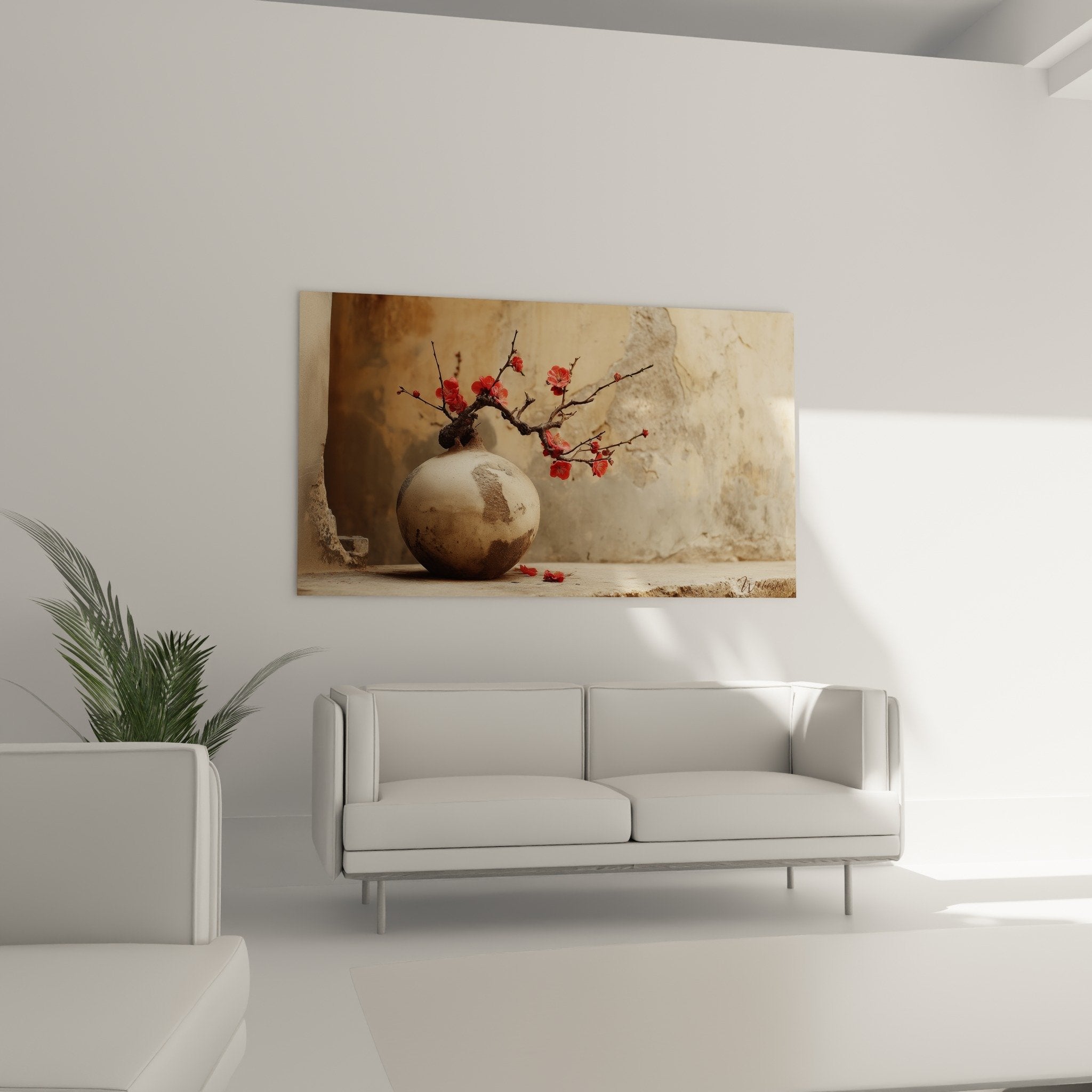 detail vase terre cuite patine naturelle branches prunier fleurs rouges composition ikebana art floral japonais