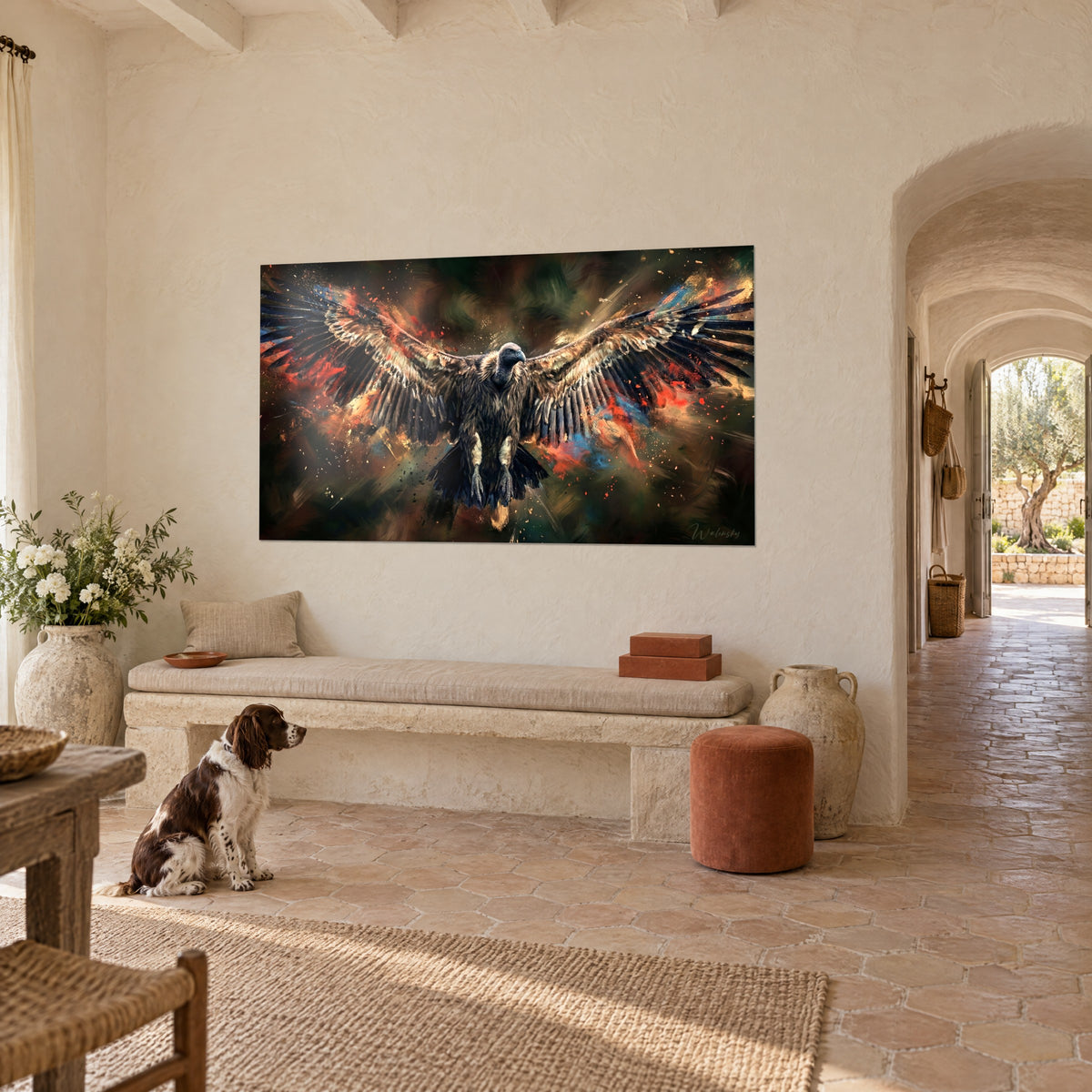 Quadro di un grifone in volo, piumaggio ramato, nuvola di polvere blu e arancio, parete bianca di un mas provenzale, spaniel seduto