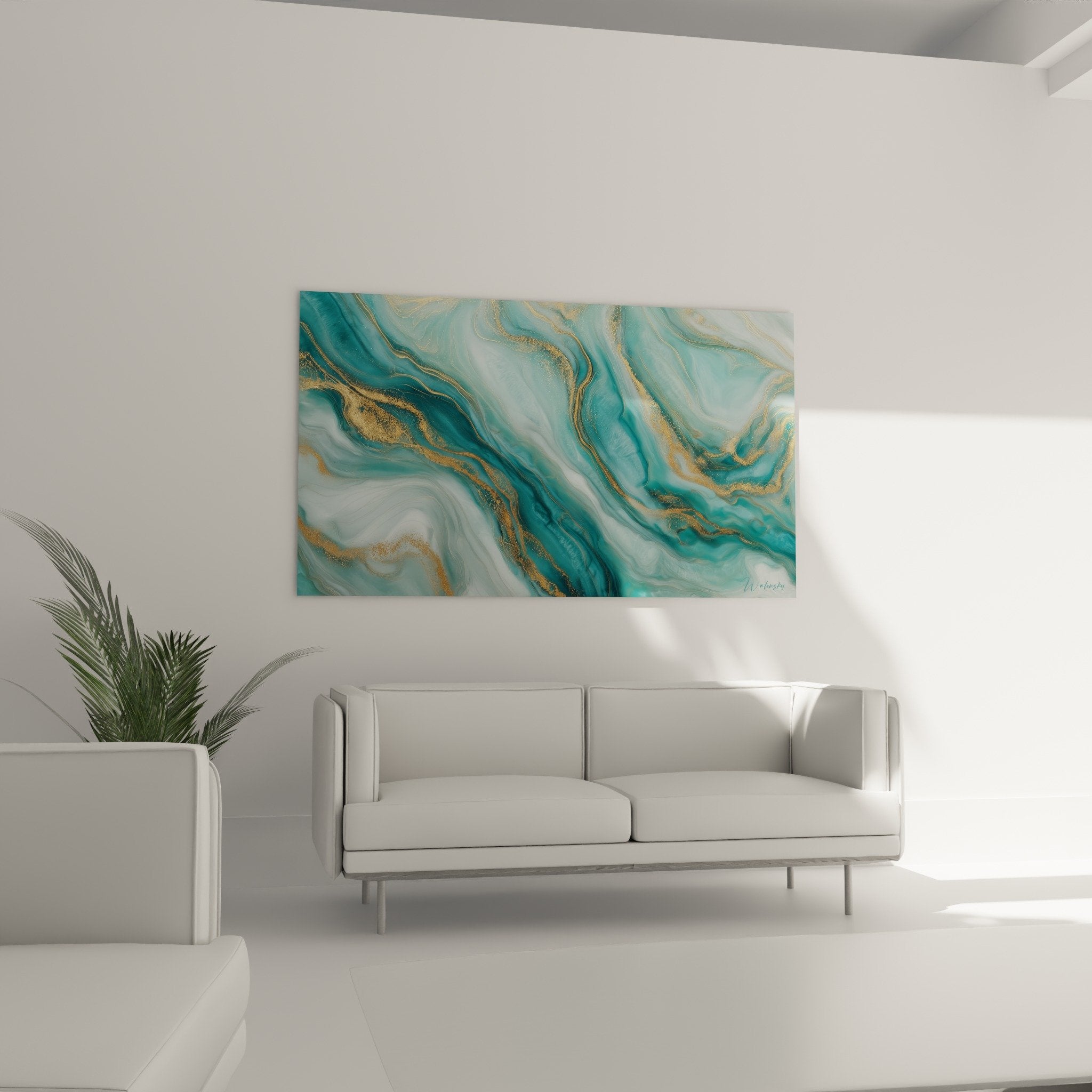 Détail rapproché des veines dorées et reflets nacrés sur fond turquoise de l'œuvre abstraite marbrée