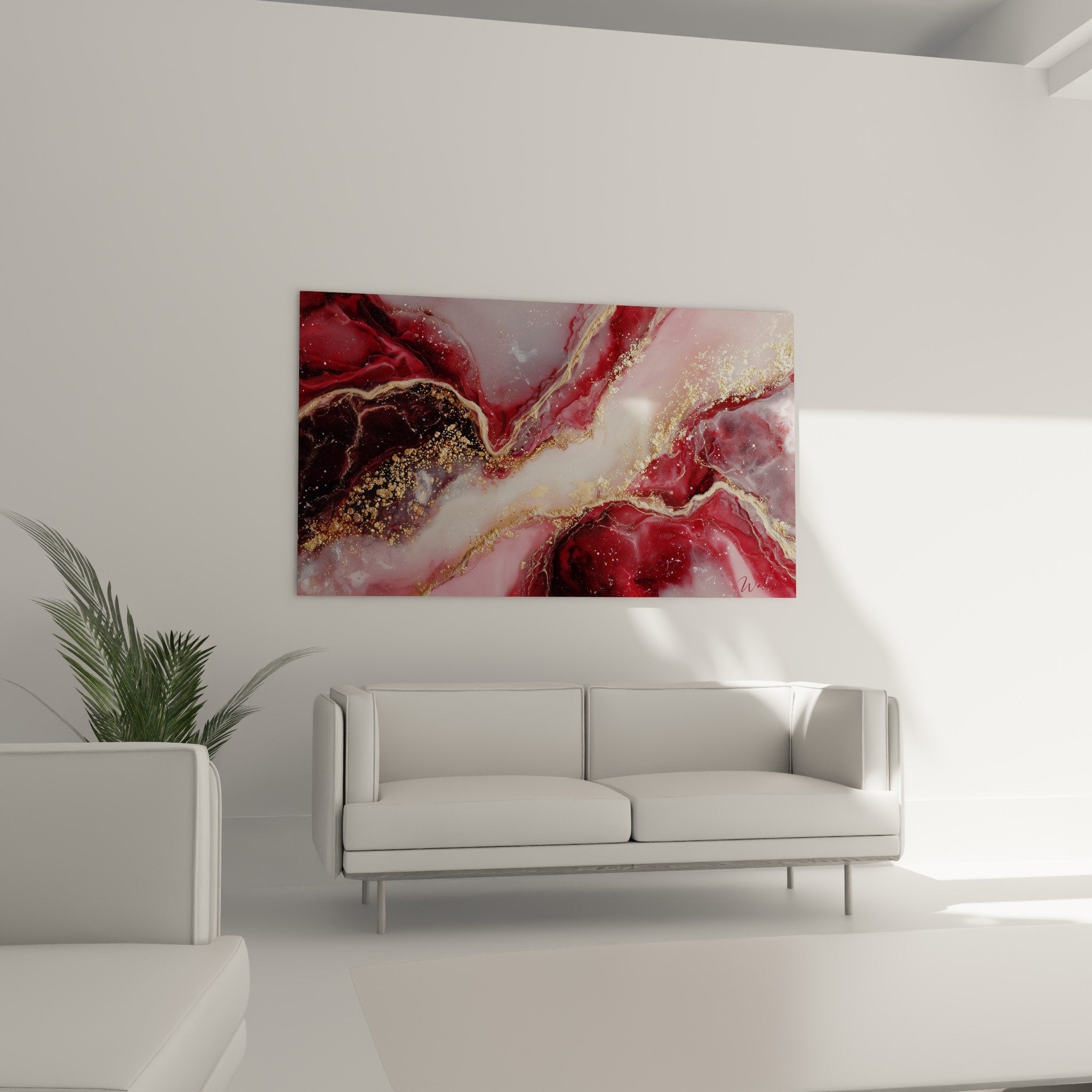 Détail rapproché des veines dorées et formations cristallines du tableau marbre abstrait rouge bordeaux