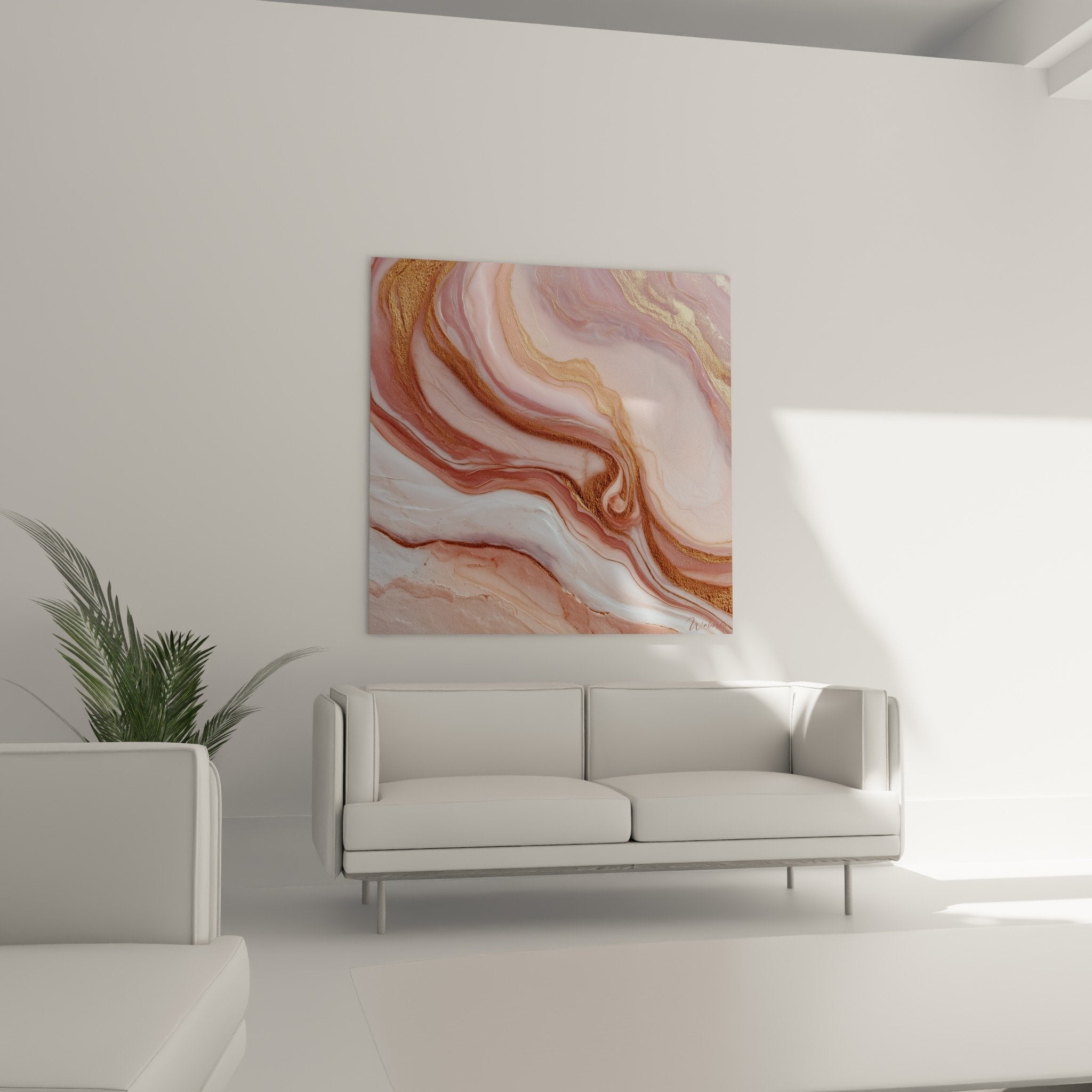Détail rapproché veines dorées métallisées sur fond rose nacré tableau marbre abstrait texture fluide