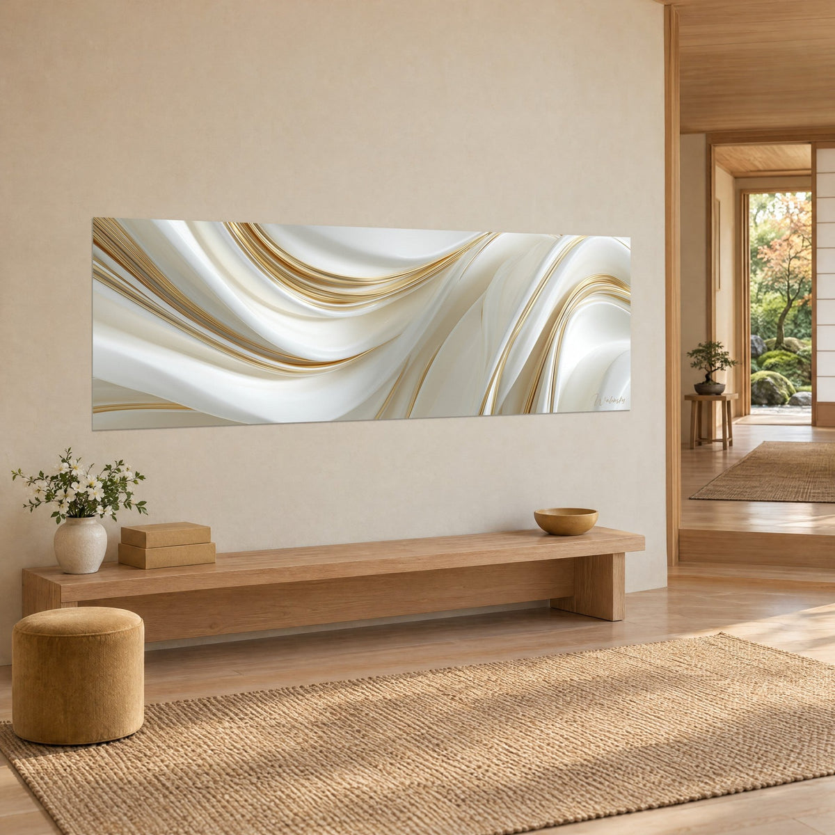 Gemälde mit fließendem Marmor-Drapé und goldenen Adern, perlweiße und beige Schwünge, Ansicht aus drei Vierteln an einer cremefarbenen Wand