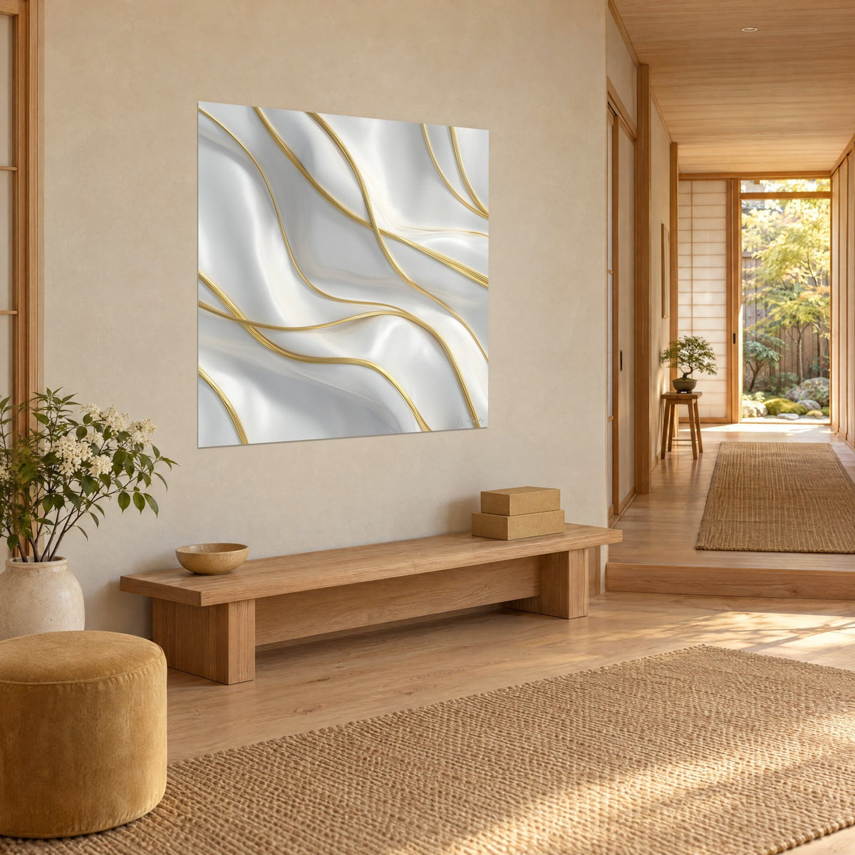 Tableau ondulations de soie ivoire traversées de fils dorés, vu de trois-quarts, sur mur beige près d'un banc en bois