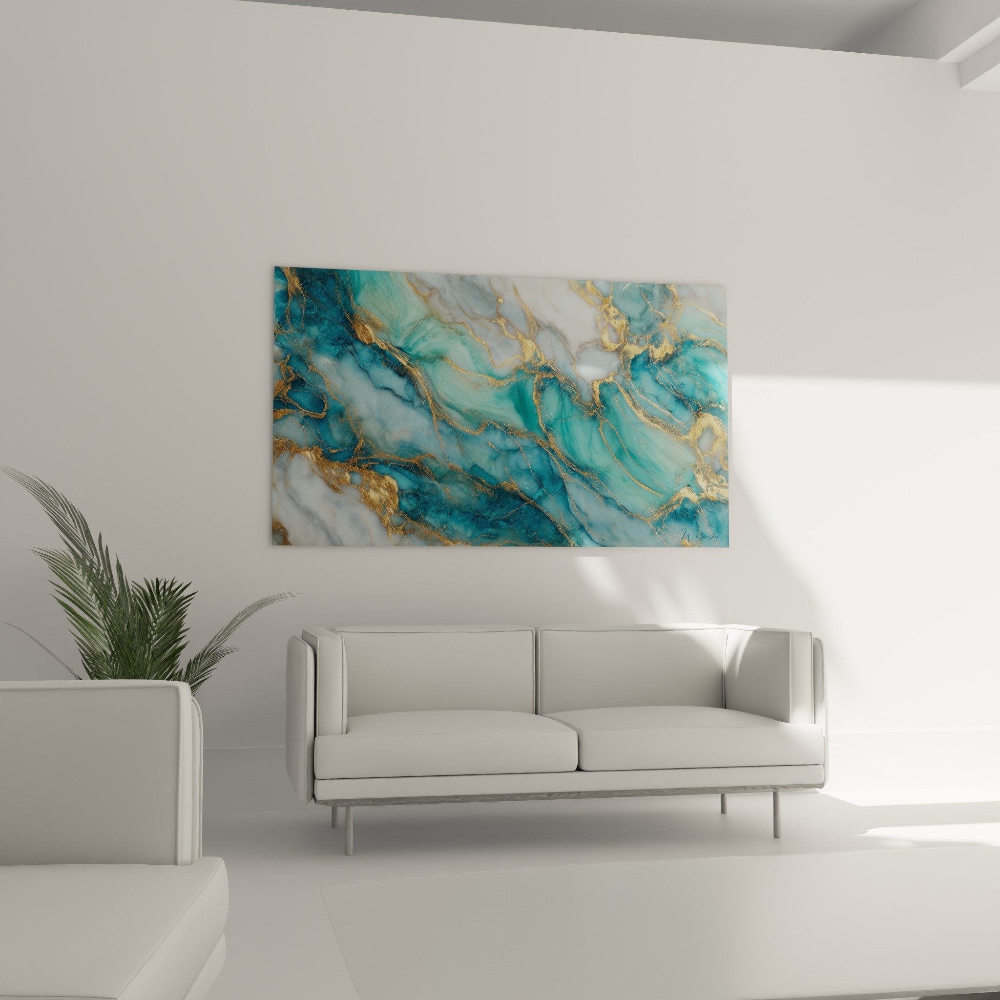 Détail rapproché veines dorées serpentines sur fond turquoise du tableau abstrait marbre bleu