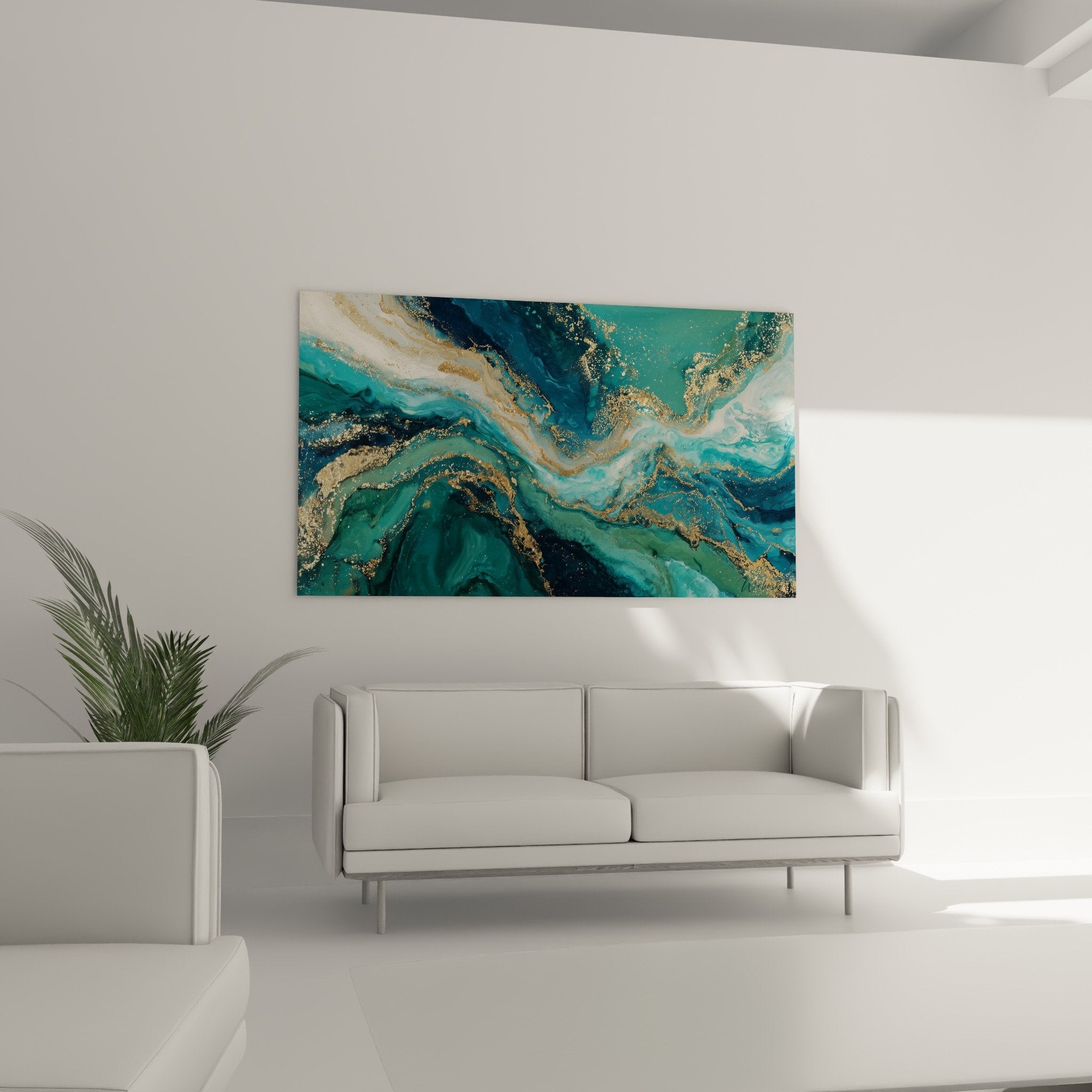 Détail rapproché des veines dorées et effets métalliques sur fond turquoise du tableau marbre abstrait