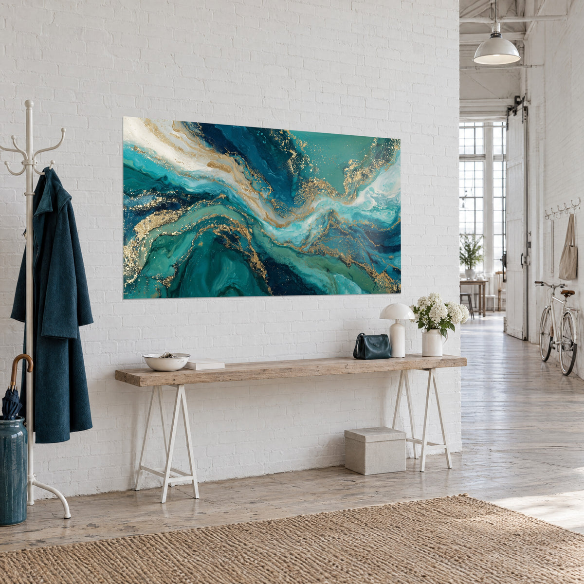 Schilderij met inktwervel in petrolblauw en parelmoerwit, verhoogde gouden lijnen, schuin bekeken in een lichte loft