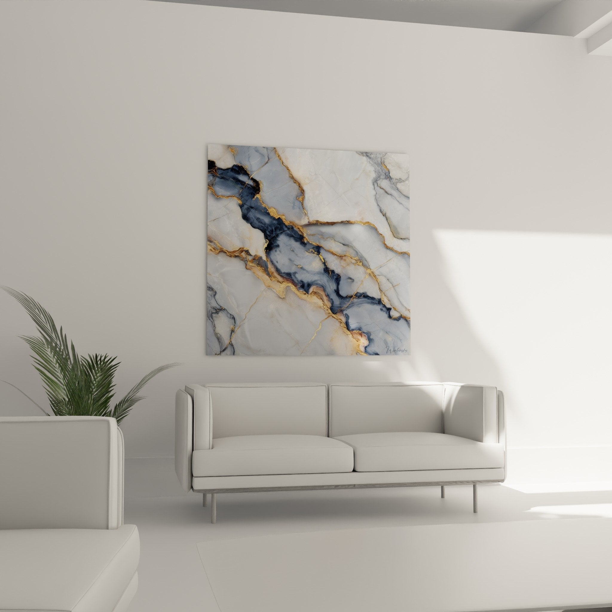Close-up detail of sinuous golden veins on abstract blue and white marble