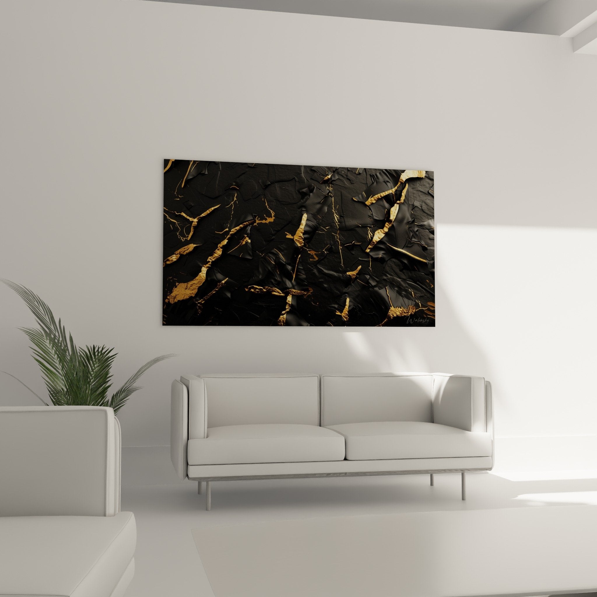 Golden metallic veins detail on cracked black surface abstract modern wall art