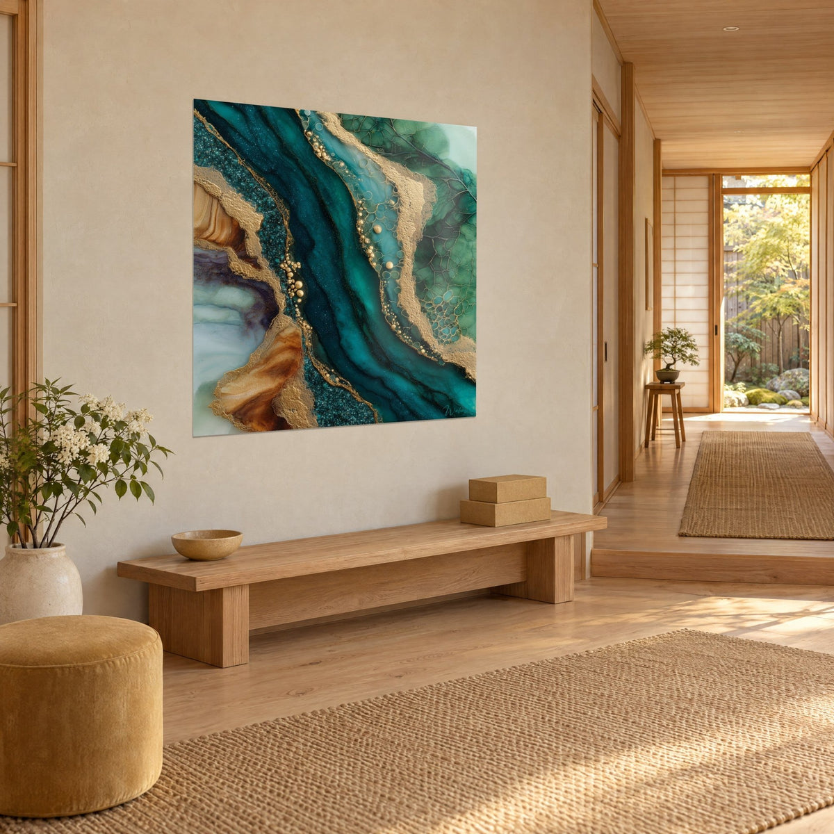 Πίνακας Ελικοειδείς χρυσές φλέβες σε πάτινα μπλε φόντο, χρυσές φυσαλίδες και ώχρα αμμουδιές, ξύλινο παγκάκι σε τρία τέταρτα