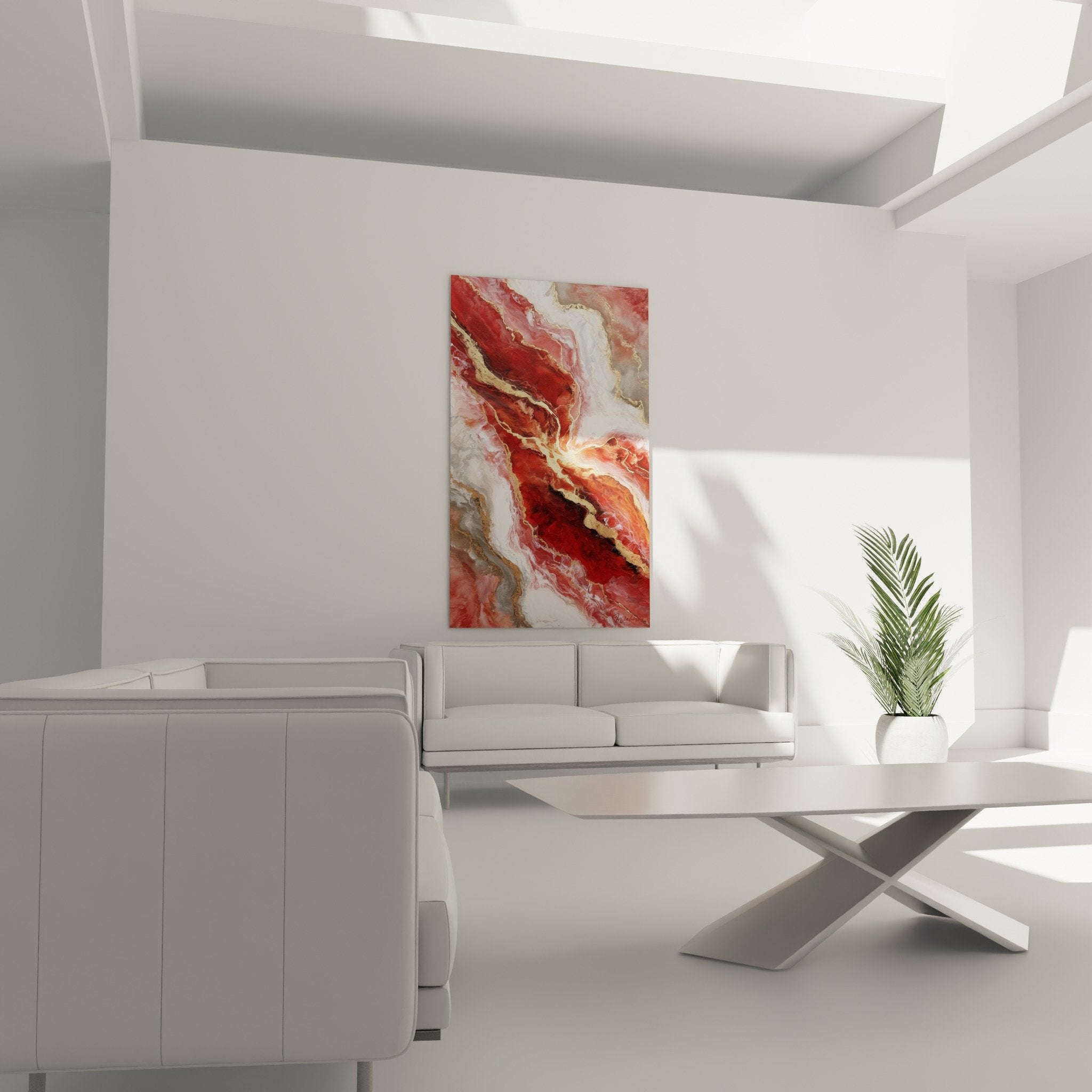 Detail veines dorees tableau abstrait rouge texture fluide minerale feng shui centre terre