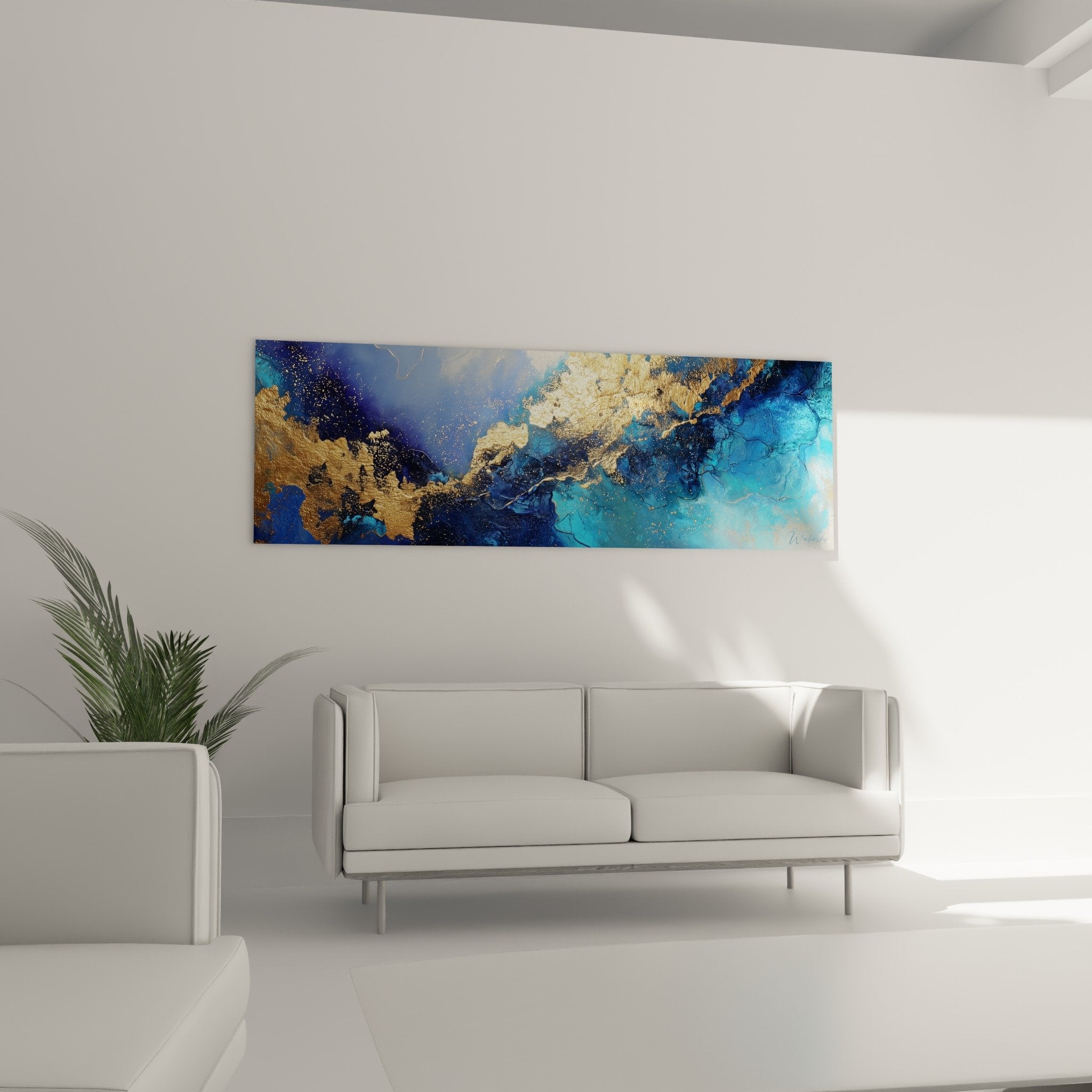 Close-up detail of golden veins and fluid textures on ocean blue background of the abstract artwork