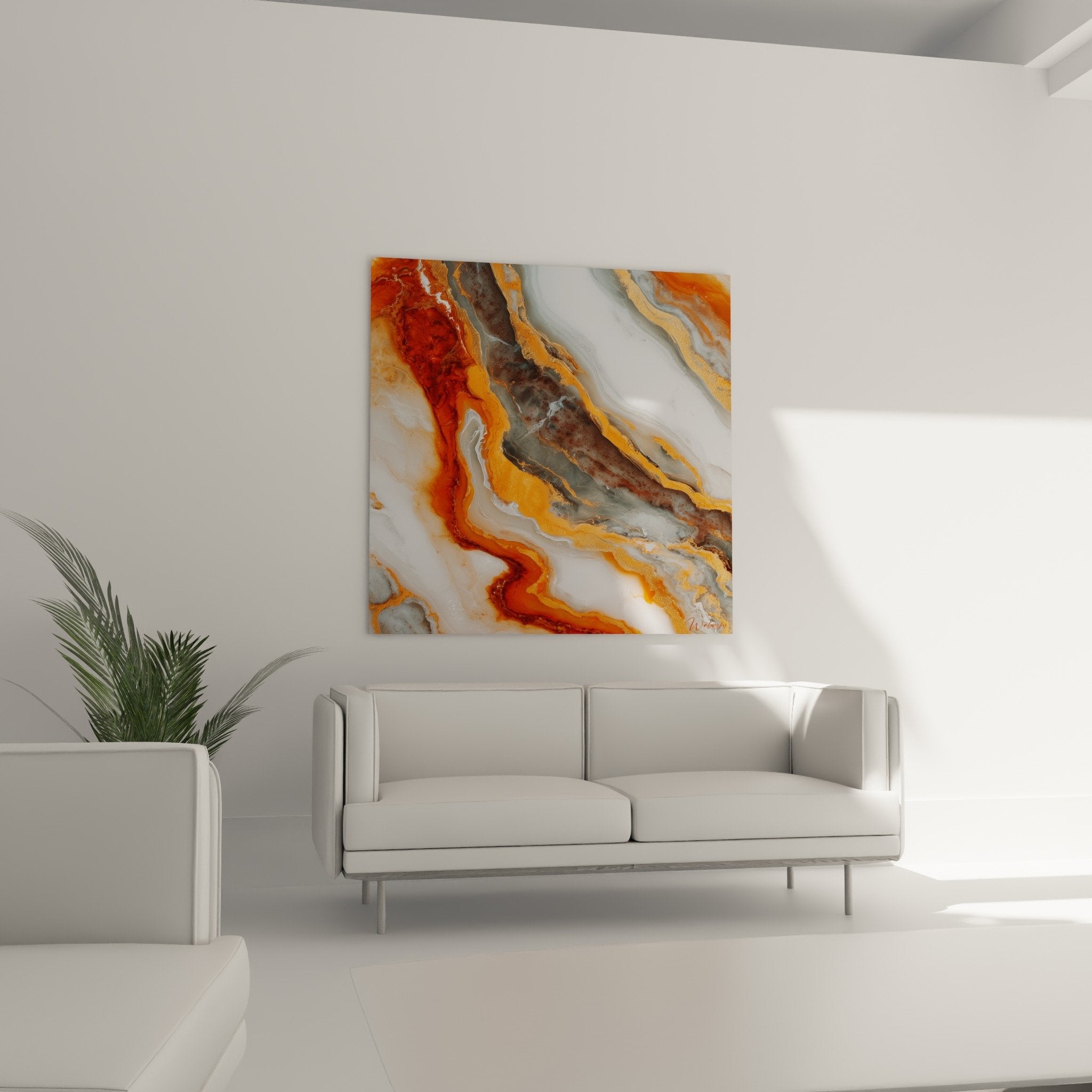 Détail des veines fluides orange et dorées du tableau marbre abstrait sur fond nacré texturé