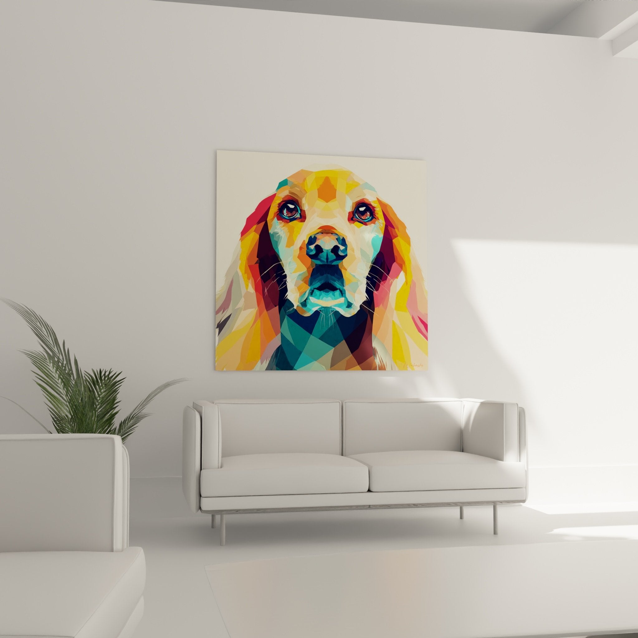 Detailaufnahme des polygonalen Gesichts des amerikanischen Cockerspaniels mit ausdrucksstarken Augen und farbigen Facetten