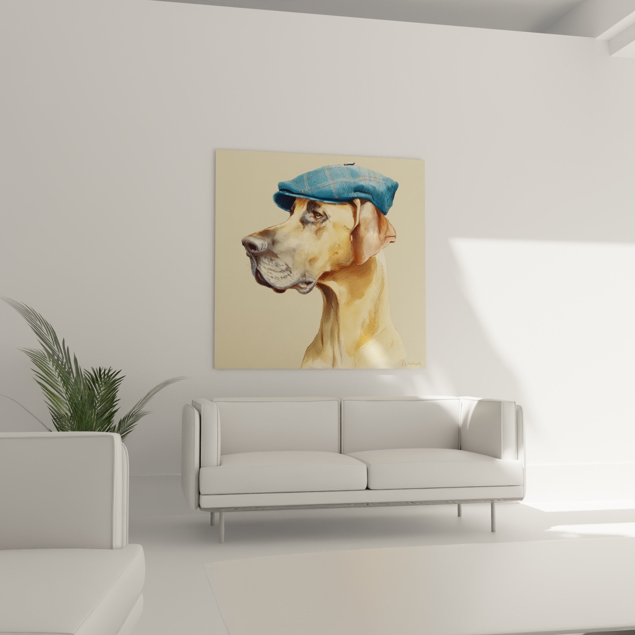 Détail du visage noble du Dogue Allemand portant béret bleu brodé de fils dorés