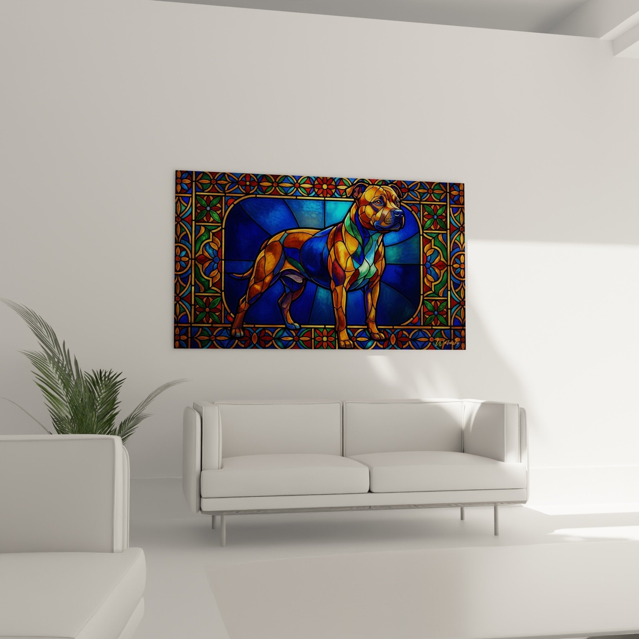 Detailansicht Staffordshire Bull Terrier Kunstdruck Buntglas facettiert farbig blau orange grün kupfer
