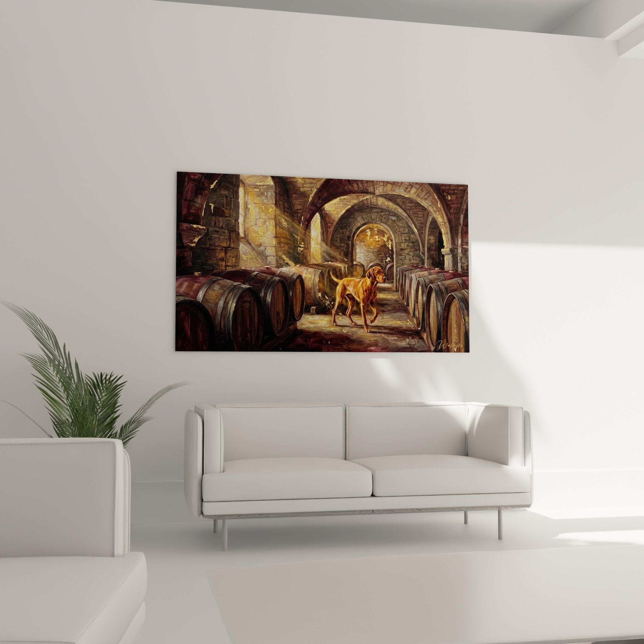 Détail rapproché chien Vizsla cuivré dans cave traditionnelle, reflets dorés sur tonneaux