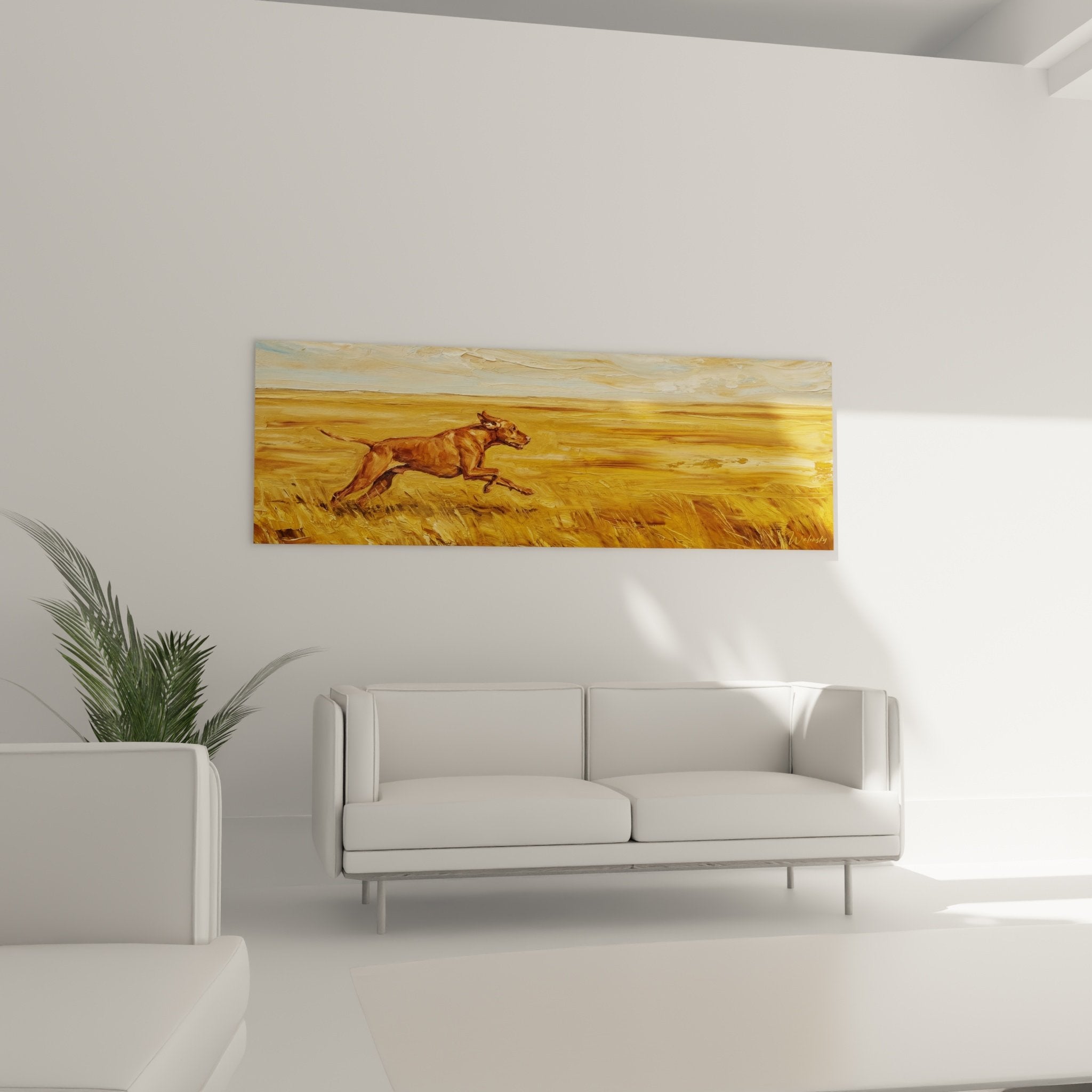 Détail tableau Vizsla mouvement herbes dorées technique pinceau expressif texture picturale riche