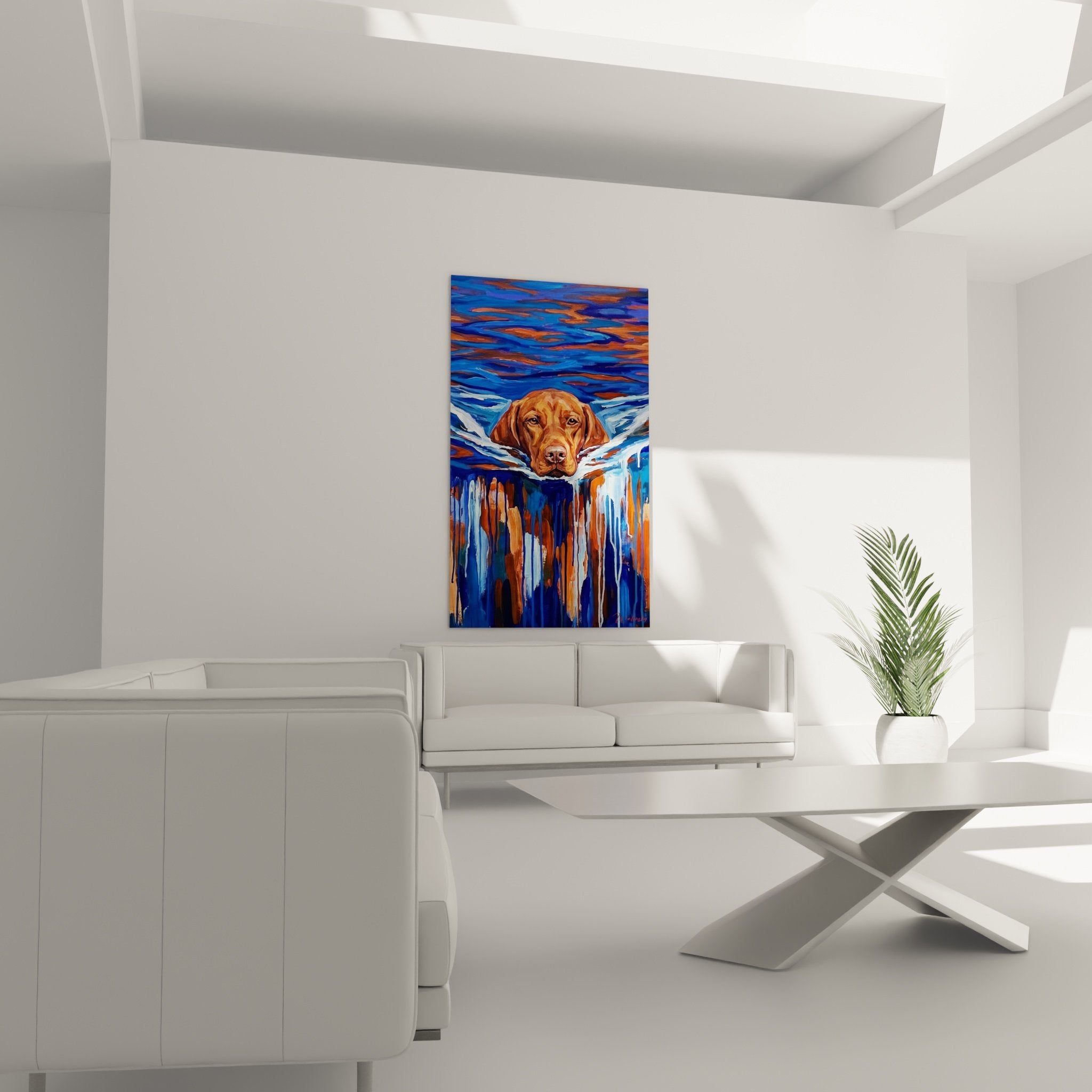 Detail peinture Vizsla tete chien eau bleue ondulations artistiques contemporain