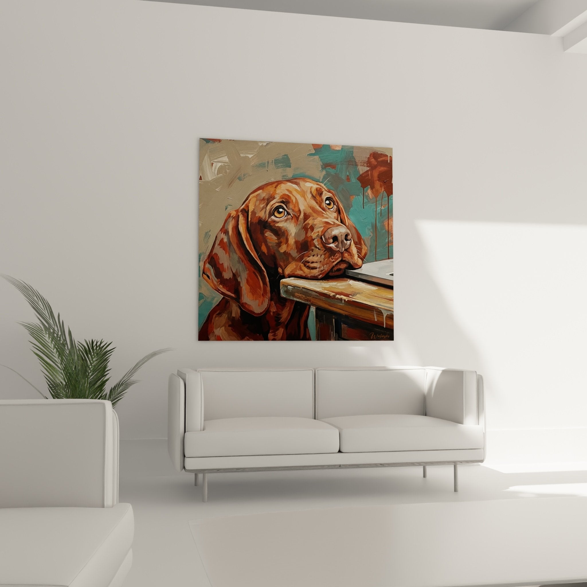 Détail portrait Vizsla pelage cuivré yeux dorés, technique picturale réaliste et expressive