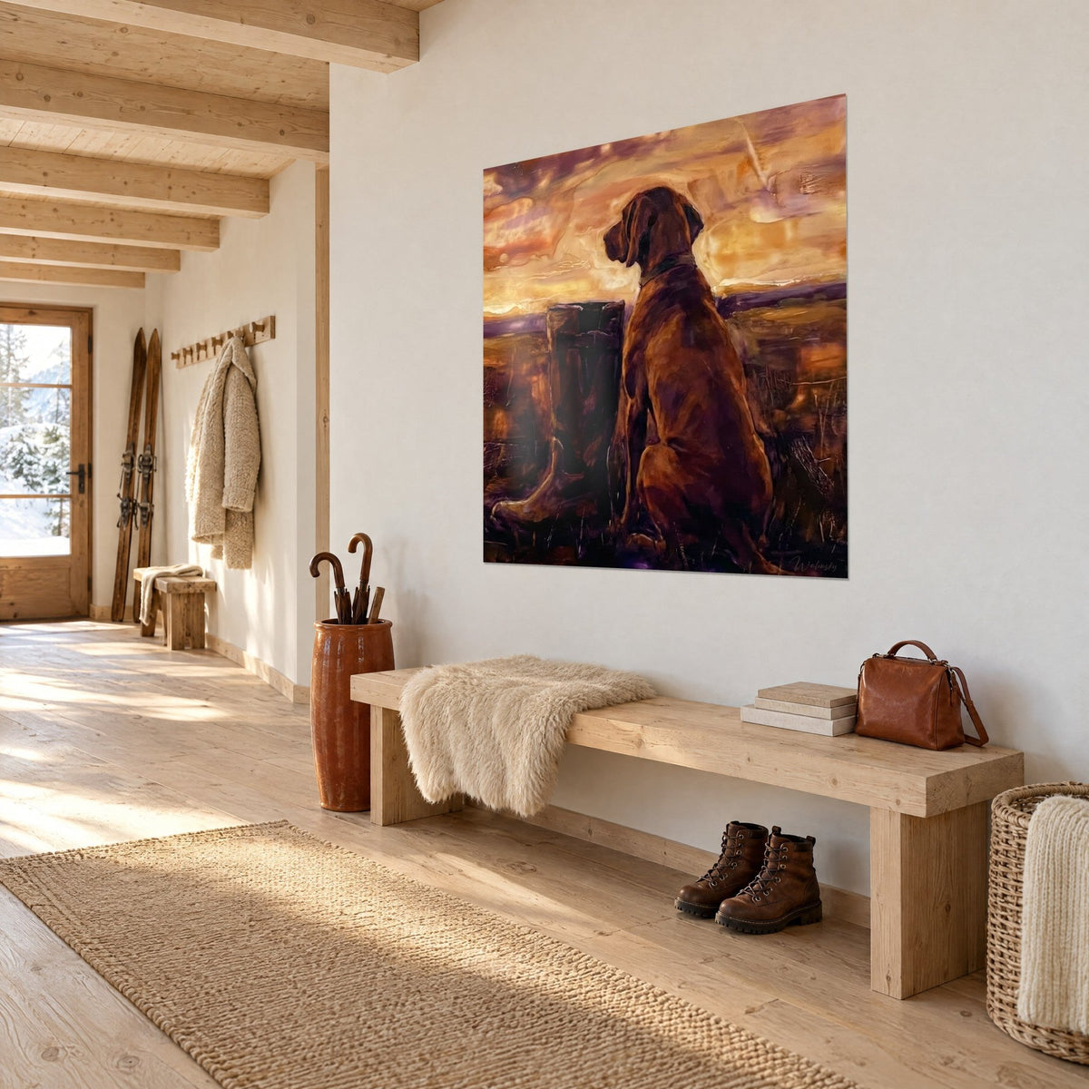 Tableau vizsla assis près de sa botte, pelage cuivré sur ciel doré et prairie pourpre, mur blanc d'une entrée en chalet