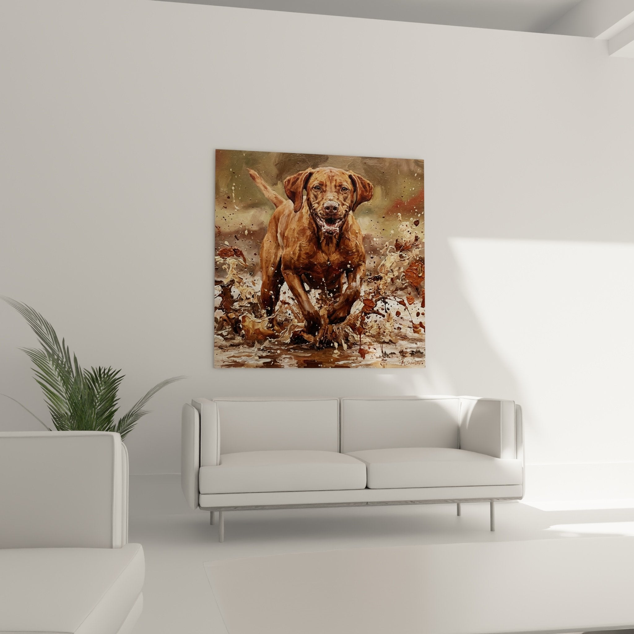 Détail peinture Vizsla regard intense robe dorée technique picturale expressionniste gouttelettes eau