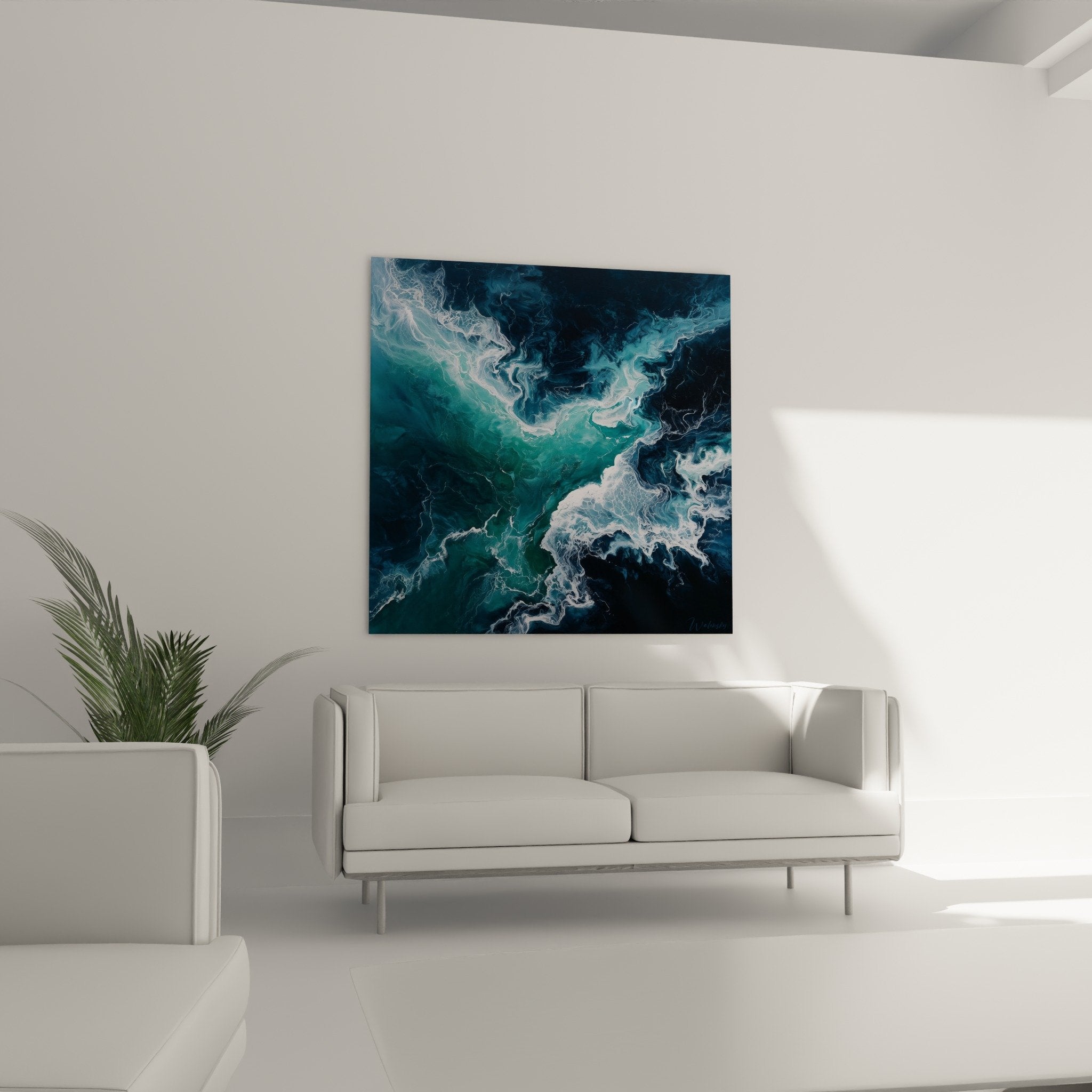 Detail des volutes blanches et turquoise du tableau abstrait feng shui nord eau