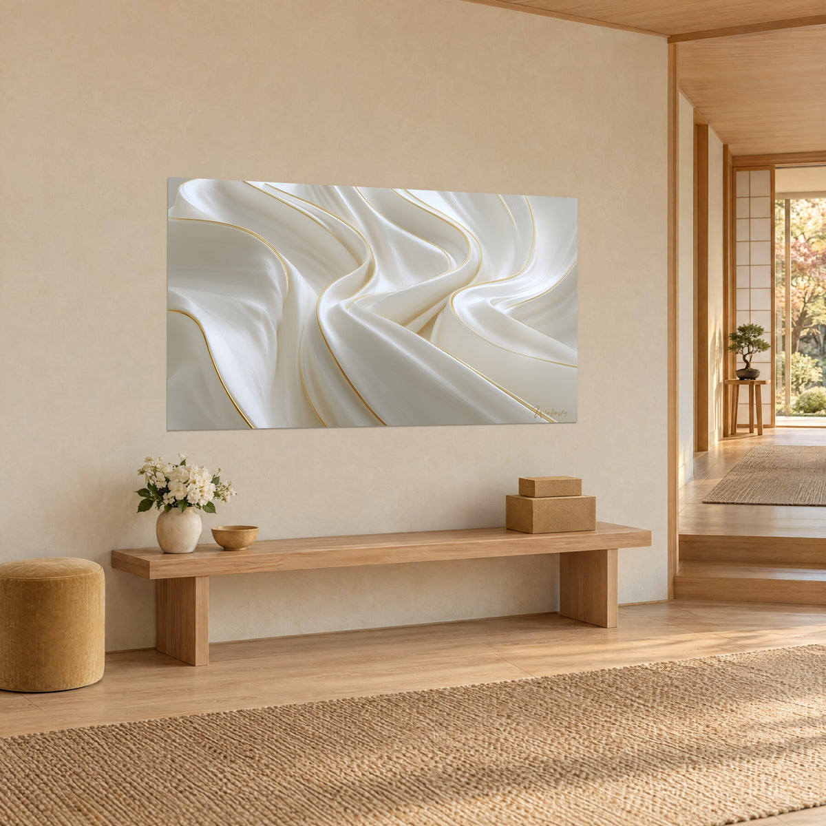 Schilderij crèmekleurige satijnen stof met vloeiende plooien, grillige gouden randen, driekwartzicht op een beige muur naast een bank van lichthout