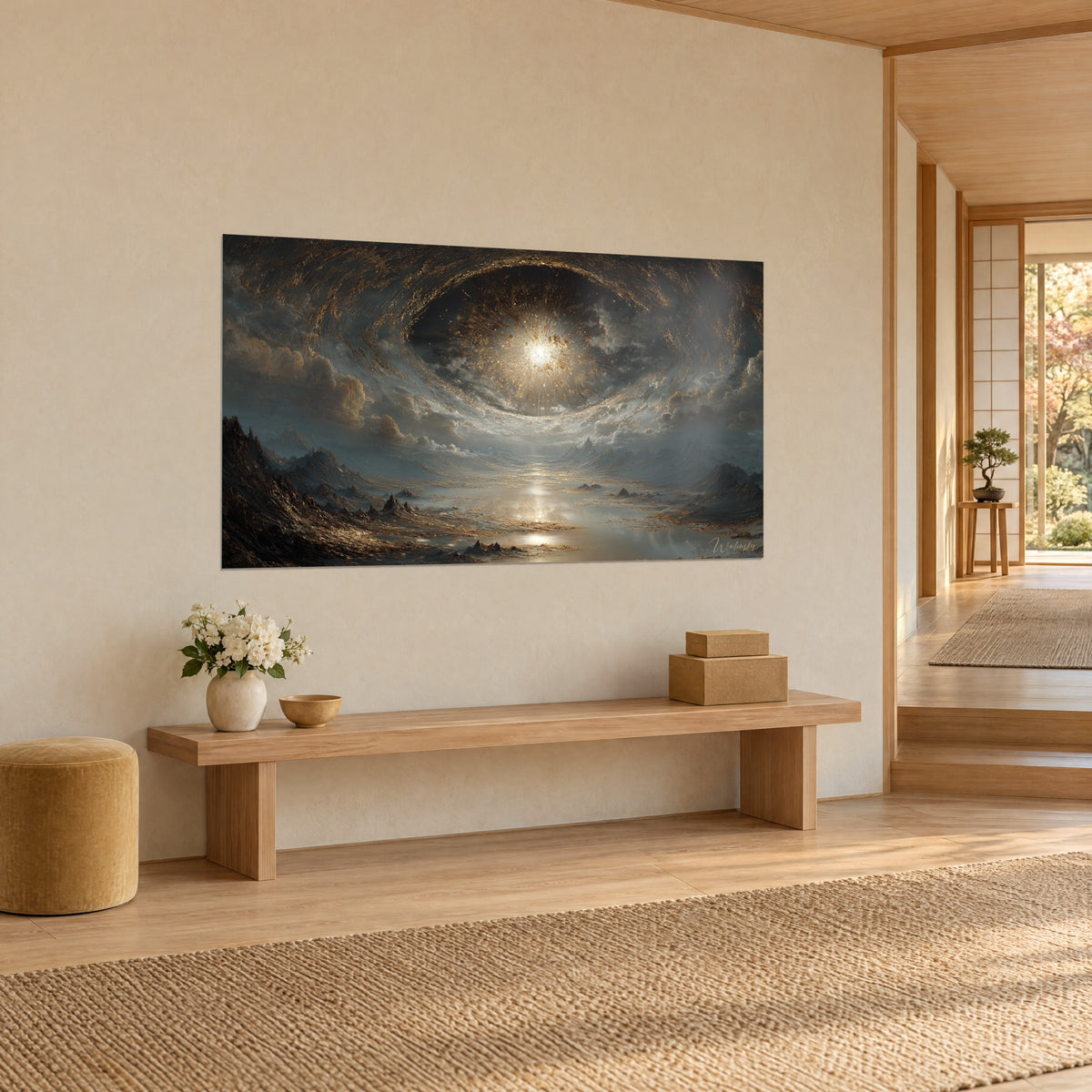 Cuadro vórtice celeste dorado, remolino de bruma azul acero y cobre rodeando un sol, sobre una pared crema junto a un banco de madera