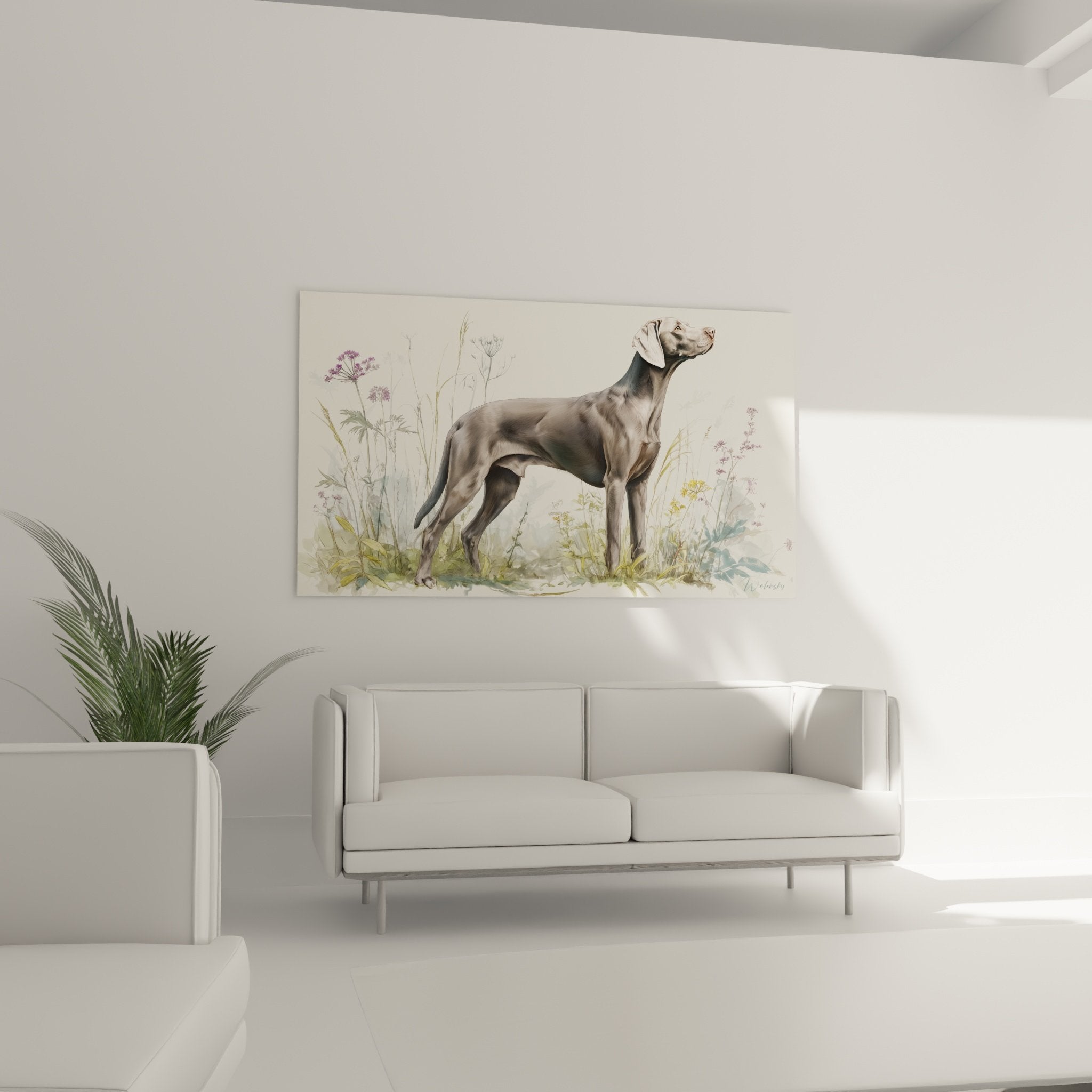 Detail tableau Weimaraner pelage argente fleurs lilas composition delicate art canin