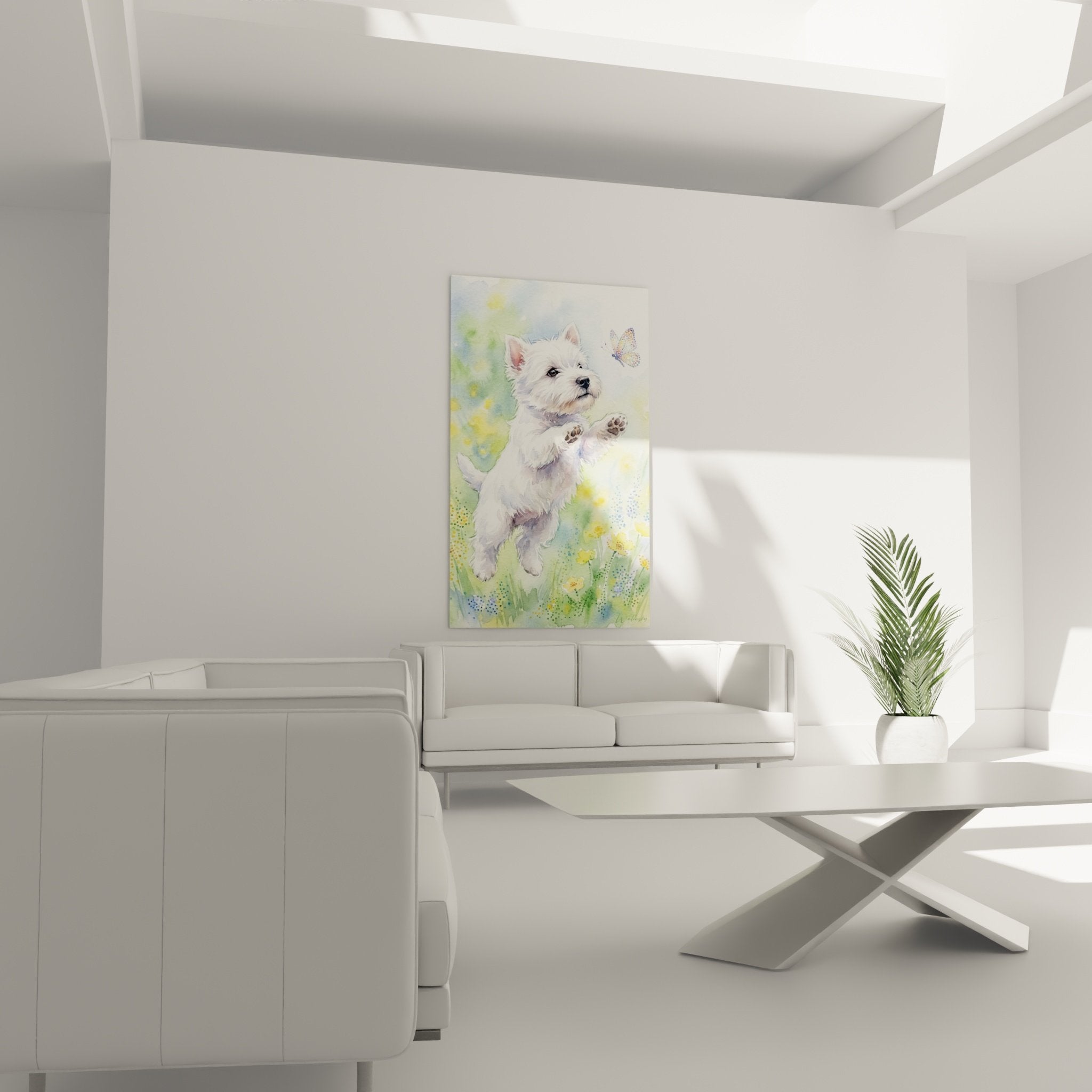 Détail aquarelle Westie blanc pelage texturé pattes levées expression joyeuse regard attentif