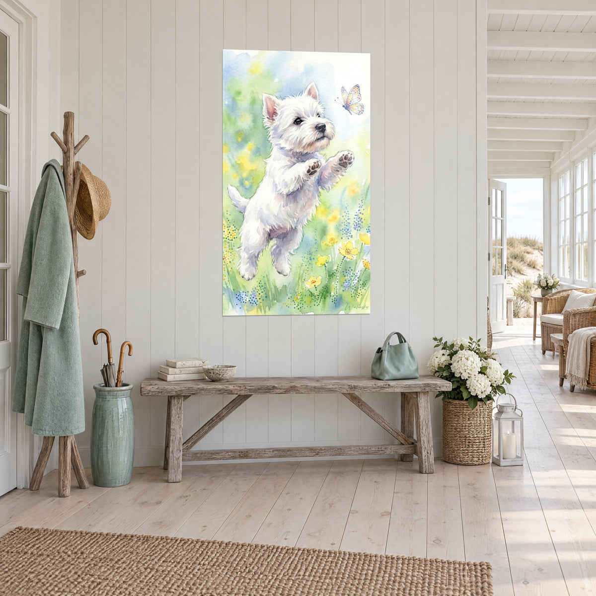 Πίνακας λευκό terrier με σηκωμένα πόδια ανάμεσα σε κίτρινα λουλούδια και ανοιχτό μπλε φόντο, τρίτο προφίλ, διάδρομος από ανοιχτόχρωμο ξύλο
