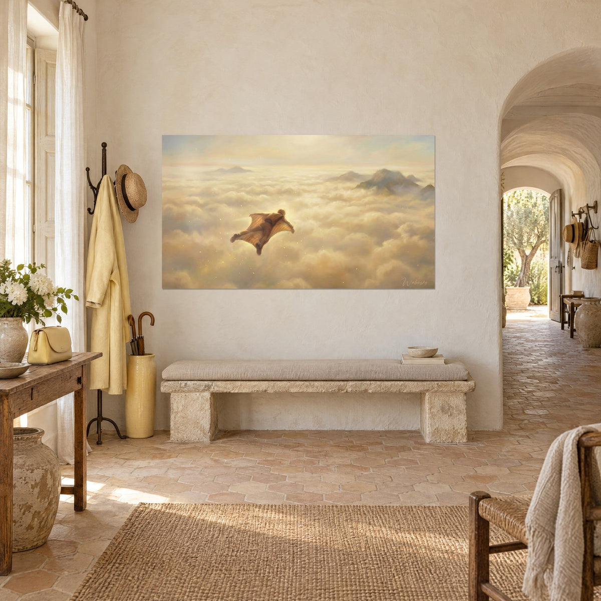 Wall art winged skydiver in a copper-brown wingsuit soaring over golden and beige cumulus clouds, three-quarter view in a vaulted corridor of the mas