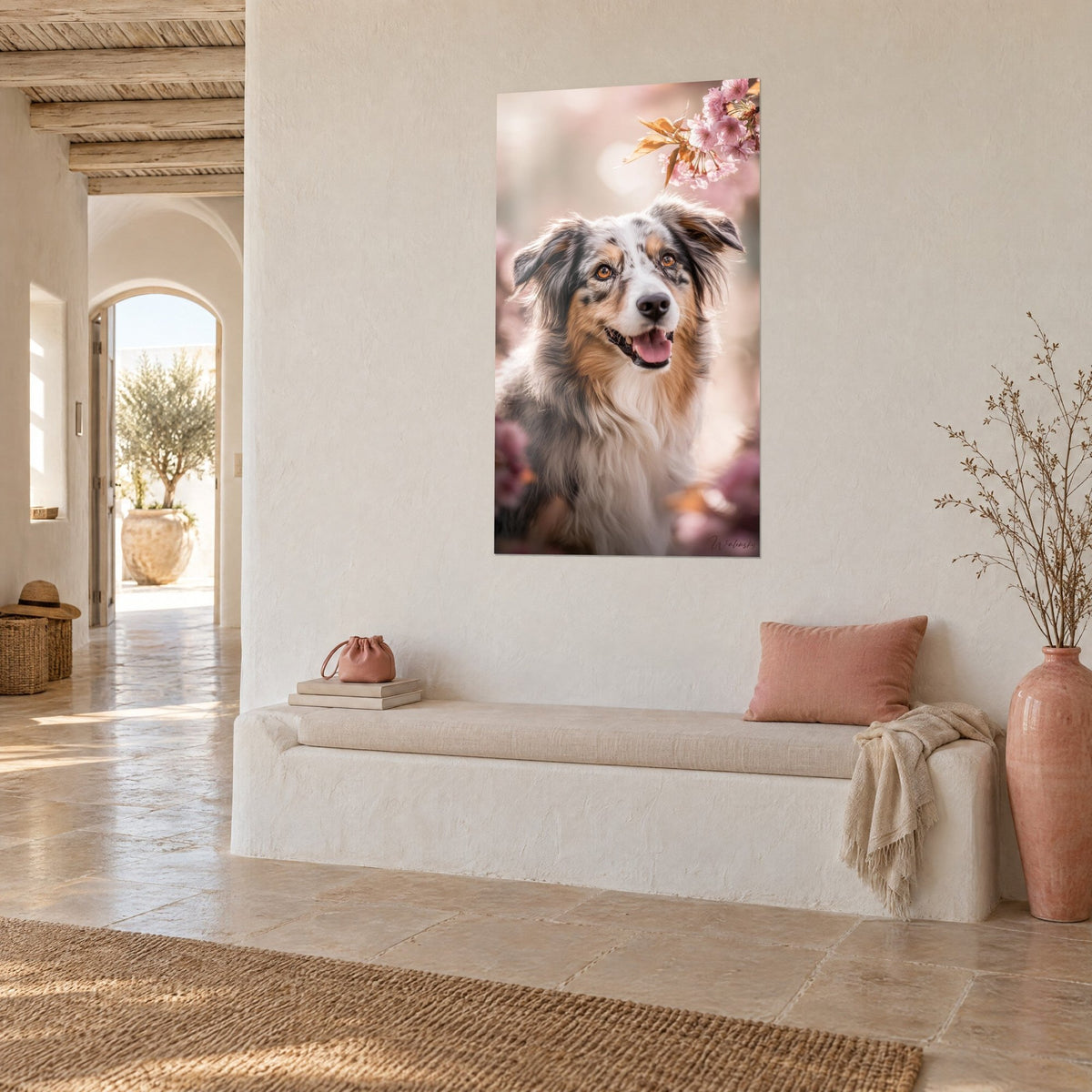Schilderij Australian Shepherd met roze tong en zwarte snuit naast een kersenbloesemtak, crèmekleurige muur van een Mediterraans huis
