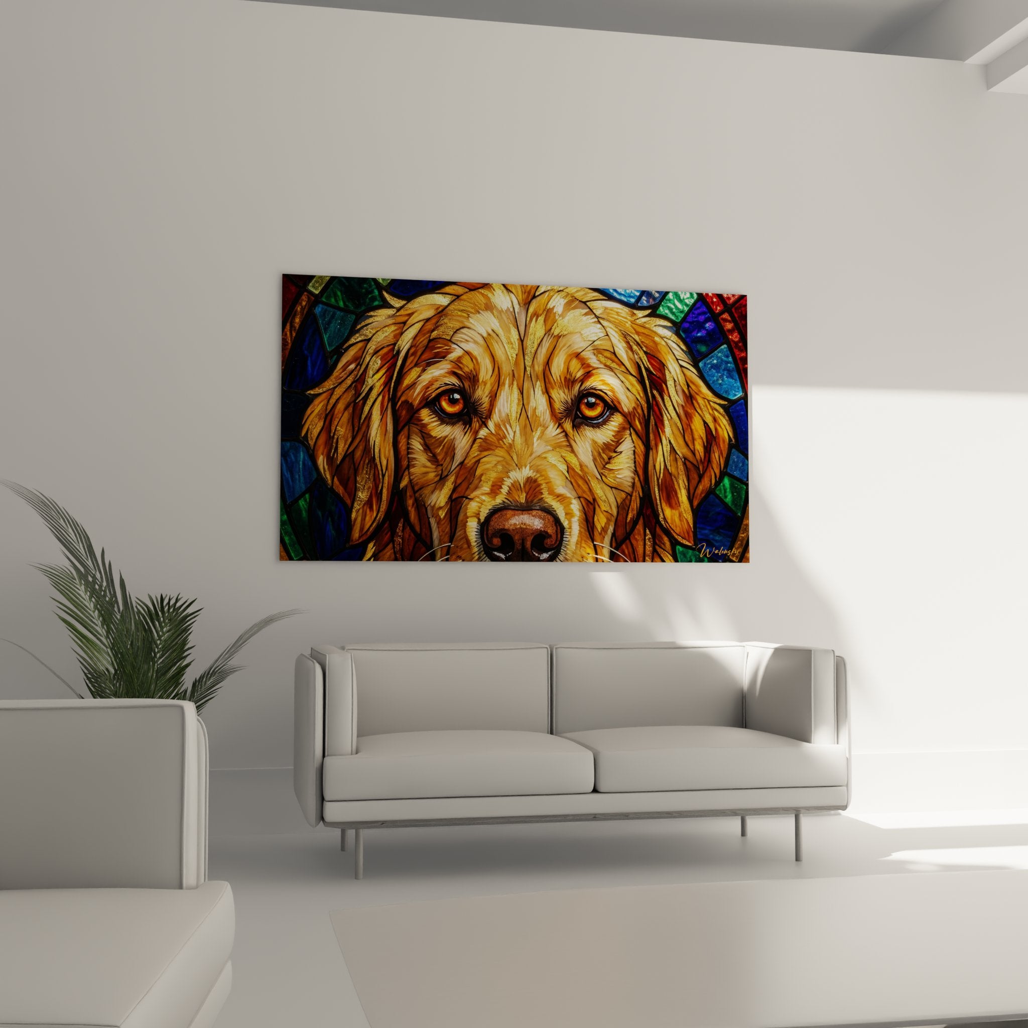 Dettaglio occhi ambra golden retriever dipinto vetrata mantello rame