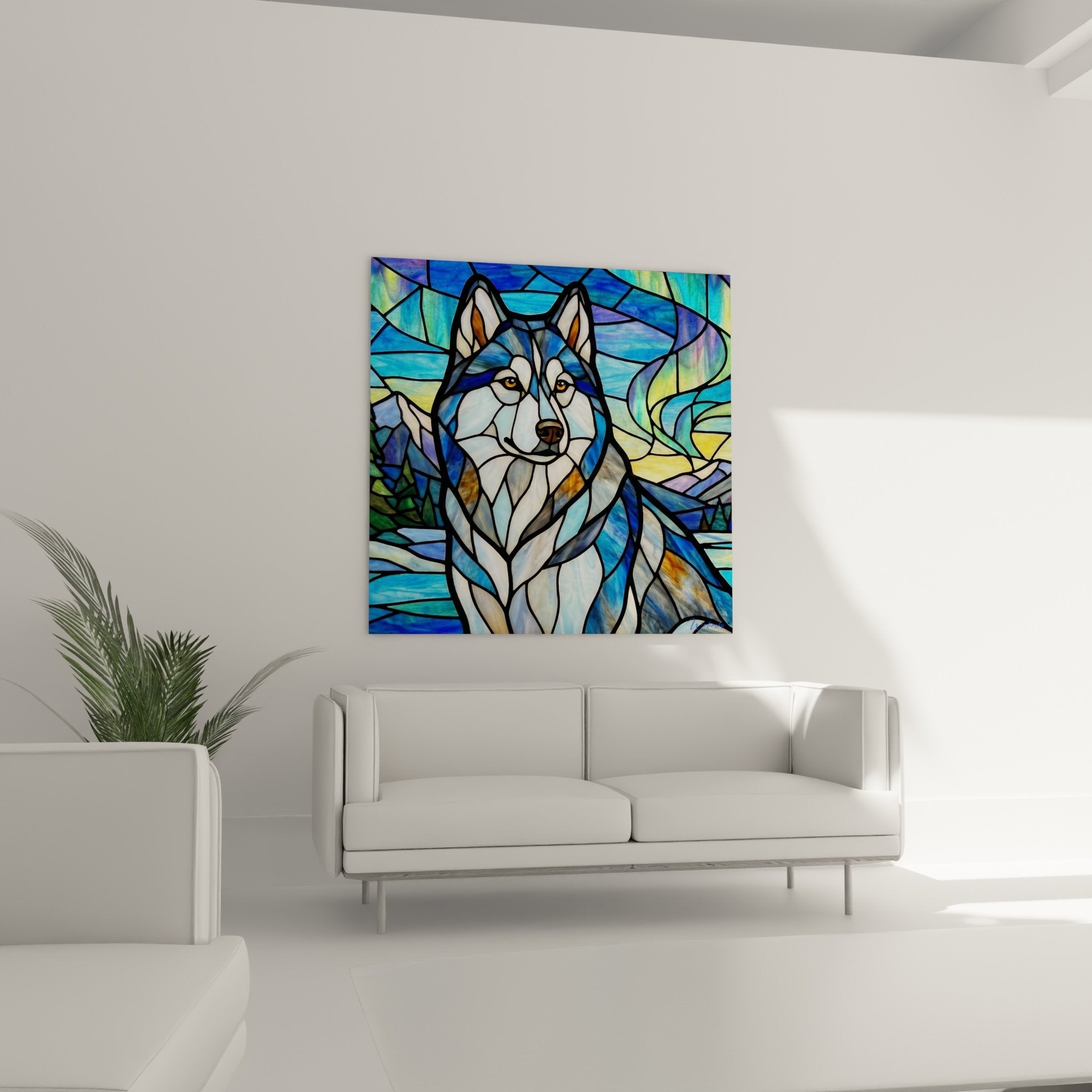 Detail of golden amber eyes of husky and turquoise blue colored facets of artistic stained glass