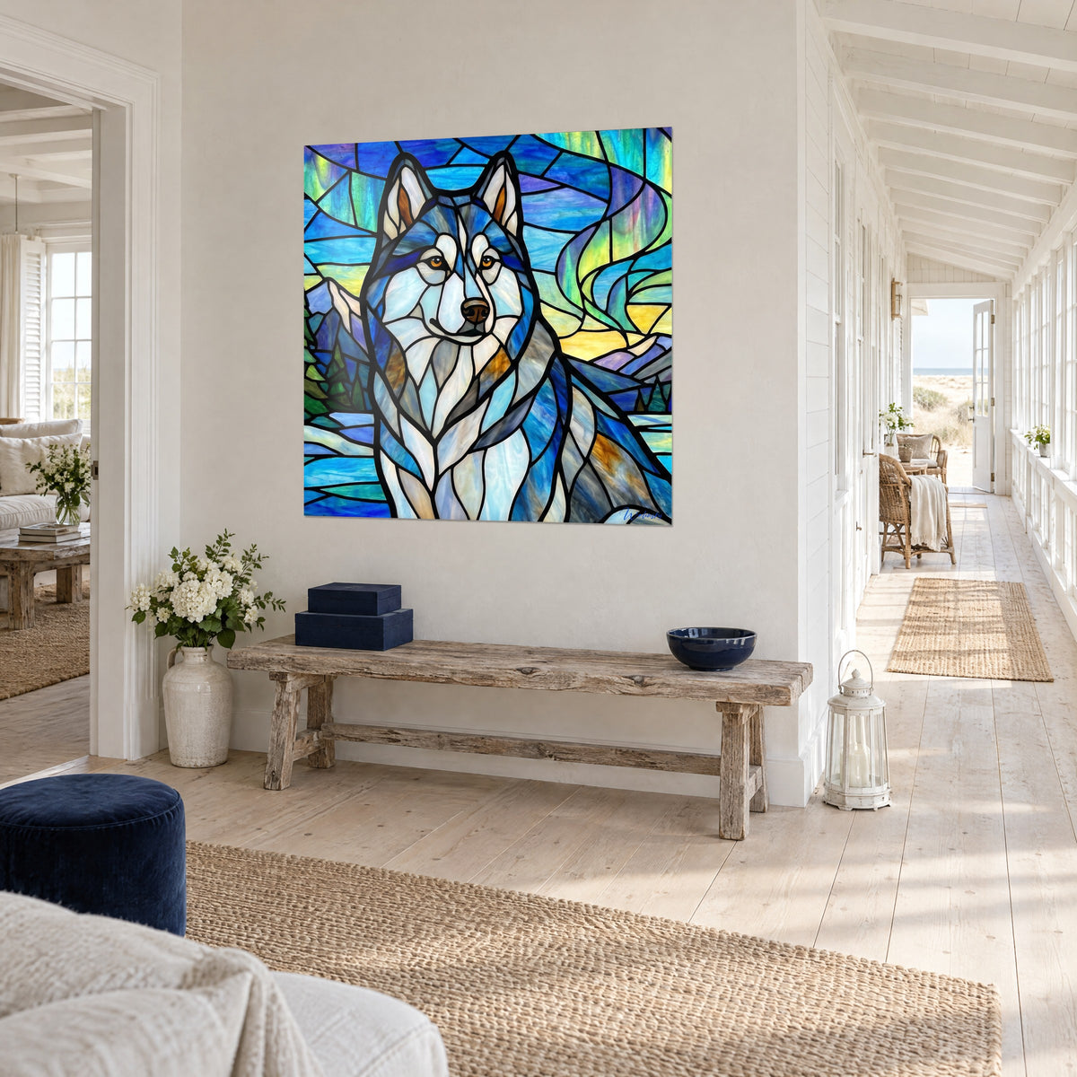 Gemälde Arktischer Wolf als Mosaik aus Azur- und Elfenbeinglas, violette Berge, aus Dreiviertelansicht in einem hellen Flur