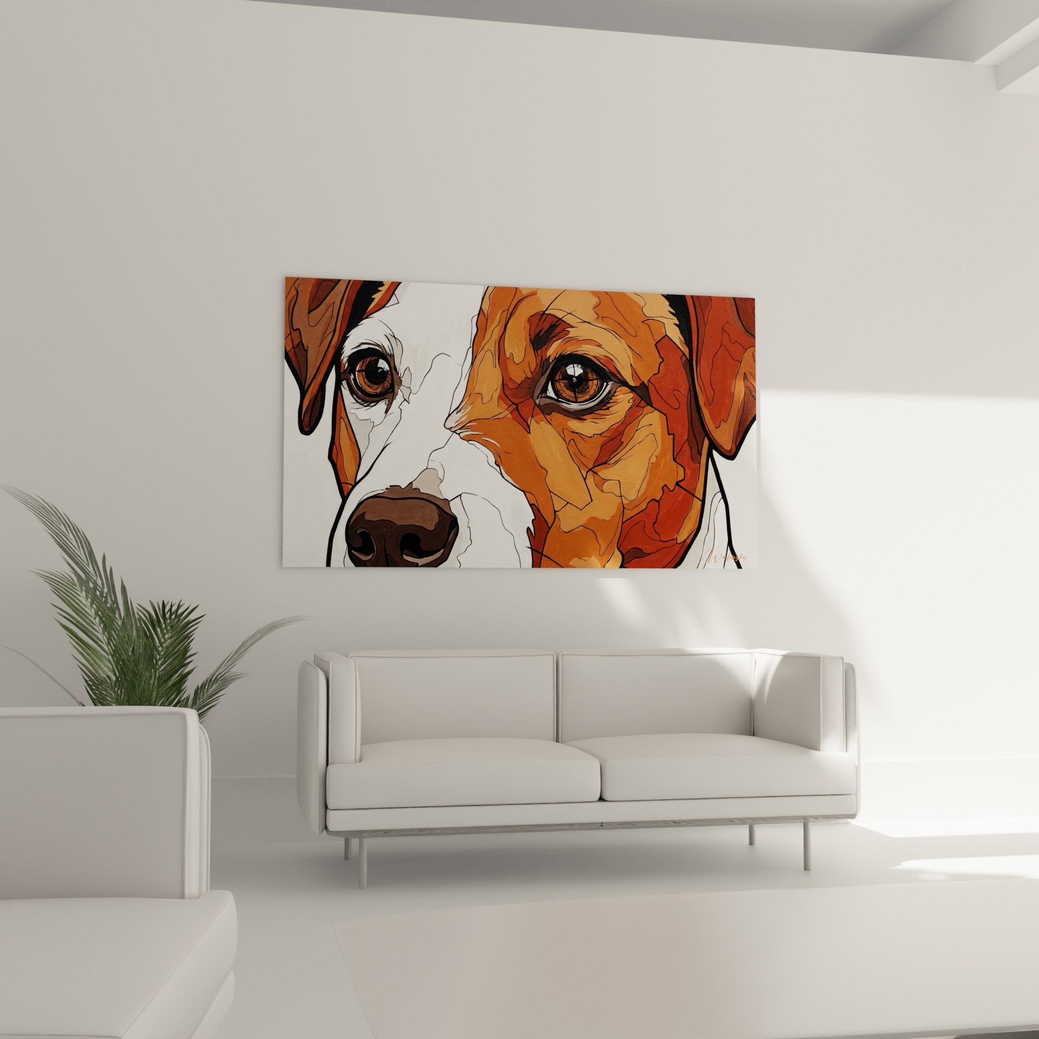 Detaillierter Blick mit bernsteinfarbenen Augen des Jack Russell Terriers im zeitgenössischen grafischen Stil