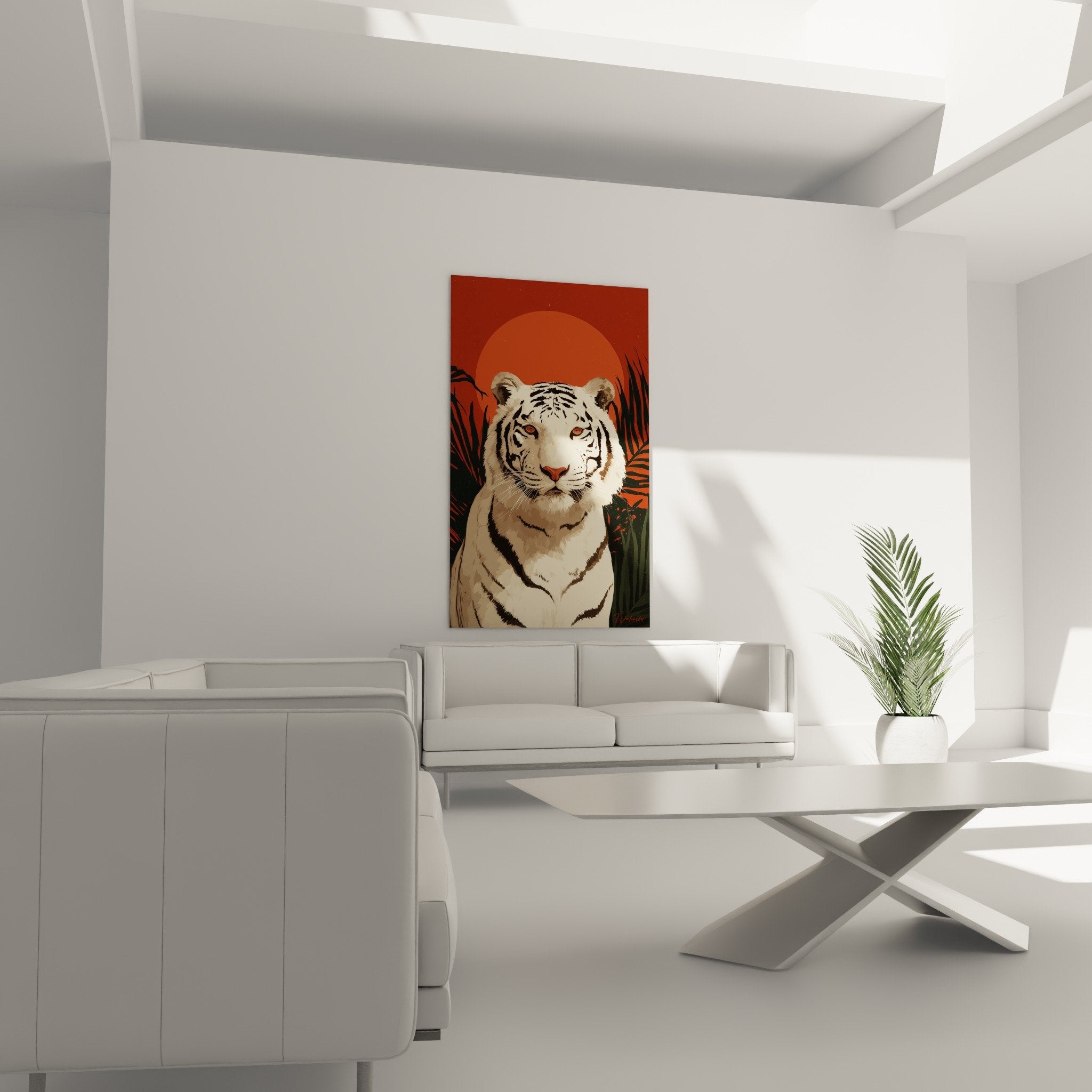 Détail rapproché du regard intense aux yeux dorés du tigre blanc sur toile avec texture visible du pelage