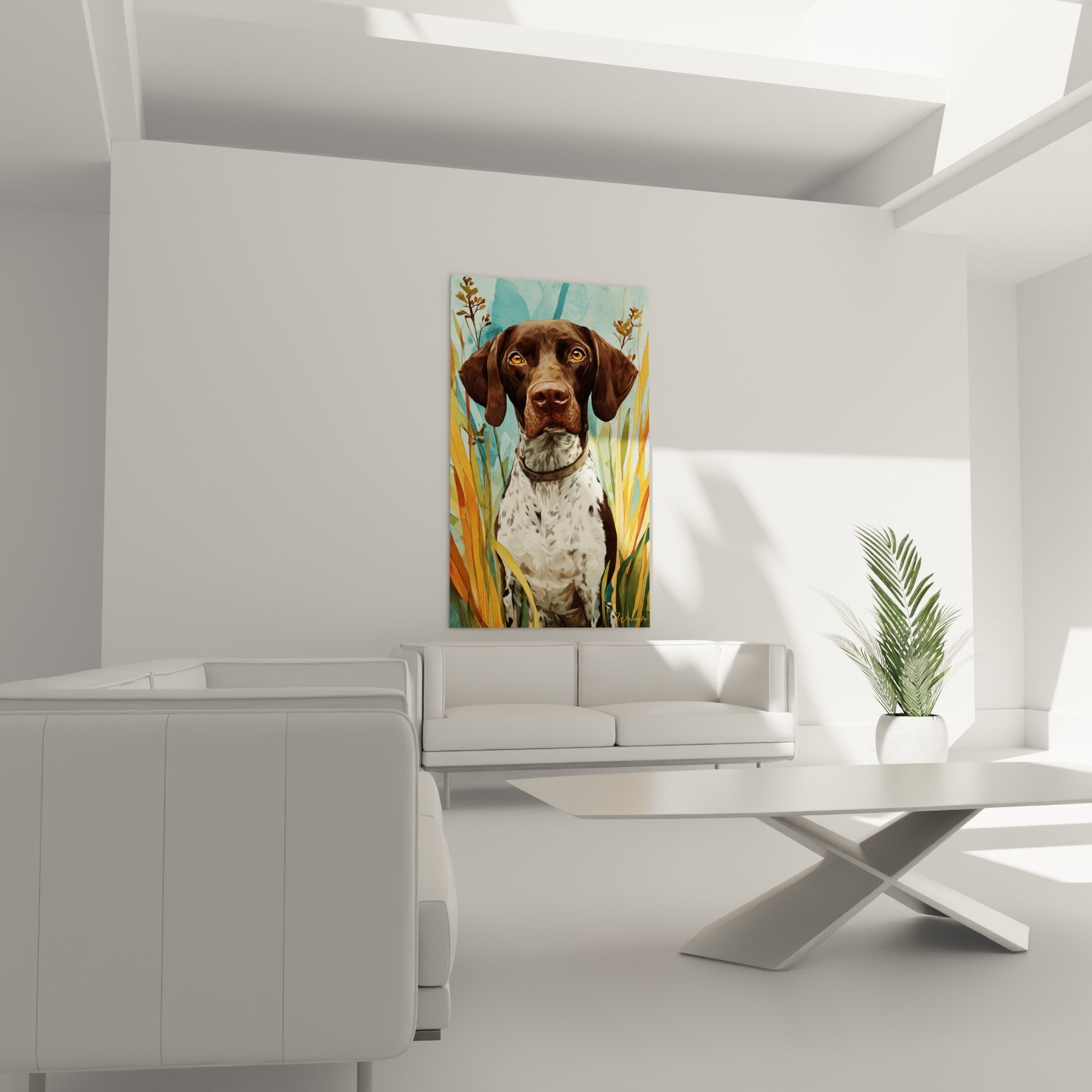 Dettaglio occhi ambrati Bracco Tedesco ritratto realistico mantello cioccolato collare in pelle arte animalier contemporanea