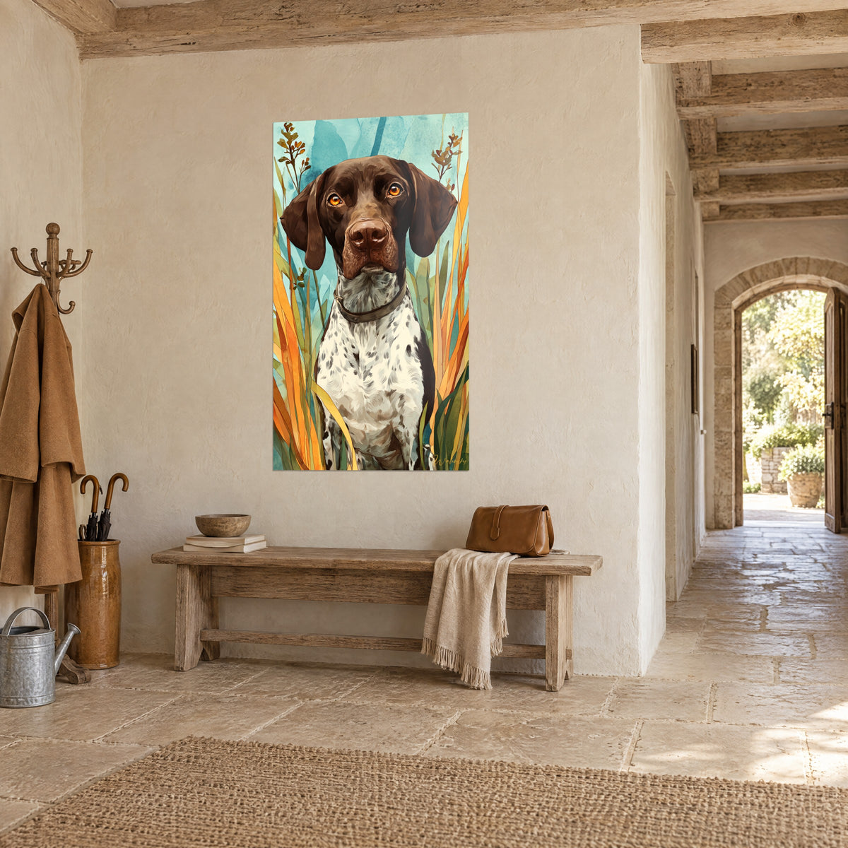 Schilderij van een chocoladebruine jachthond met glanzende snuit, gouden grassen op turquoise achtergrond, in een stenen hal