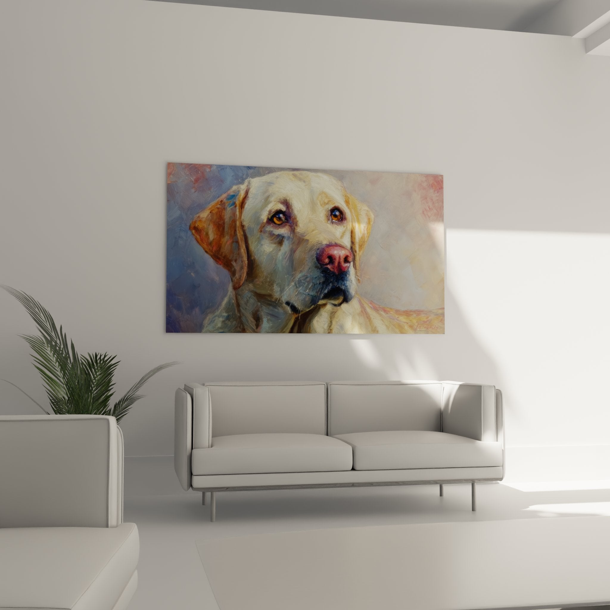 Detail gros plan yeux ambres Labrador retriever peinture texture empate coups pinceau expressifs dores