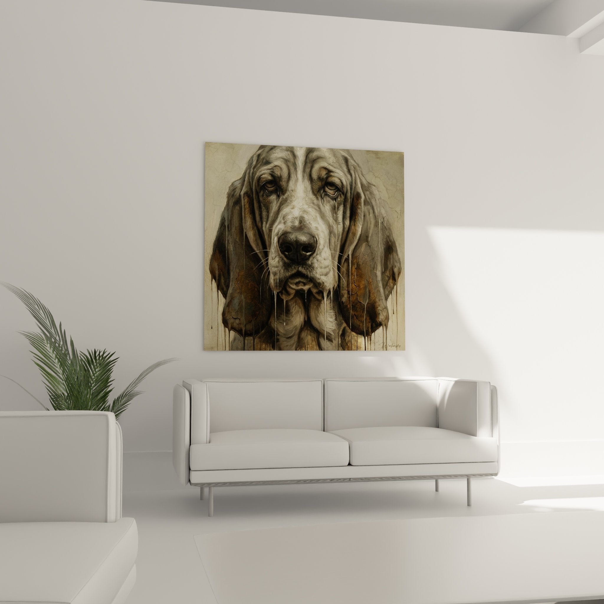 Détail yeux expressifs Basset Hound portrait peinture sépia technique coulures artistiques