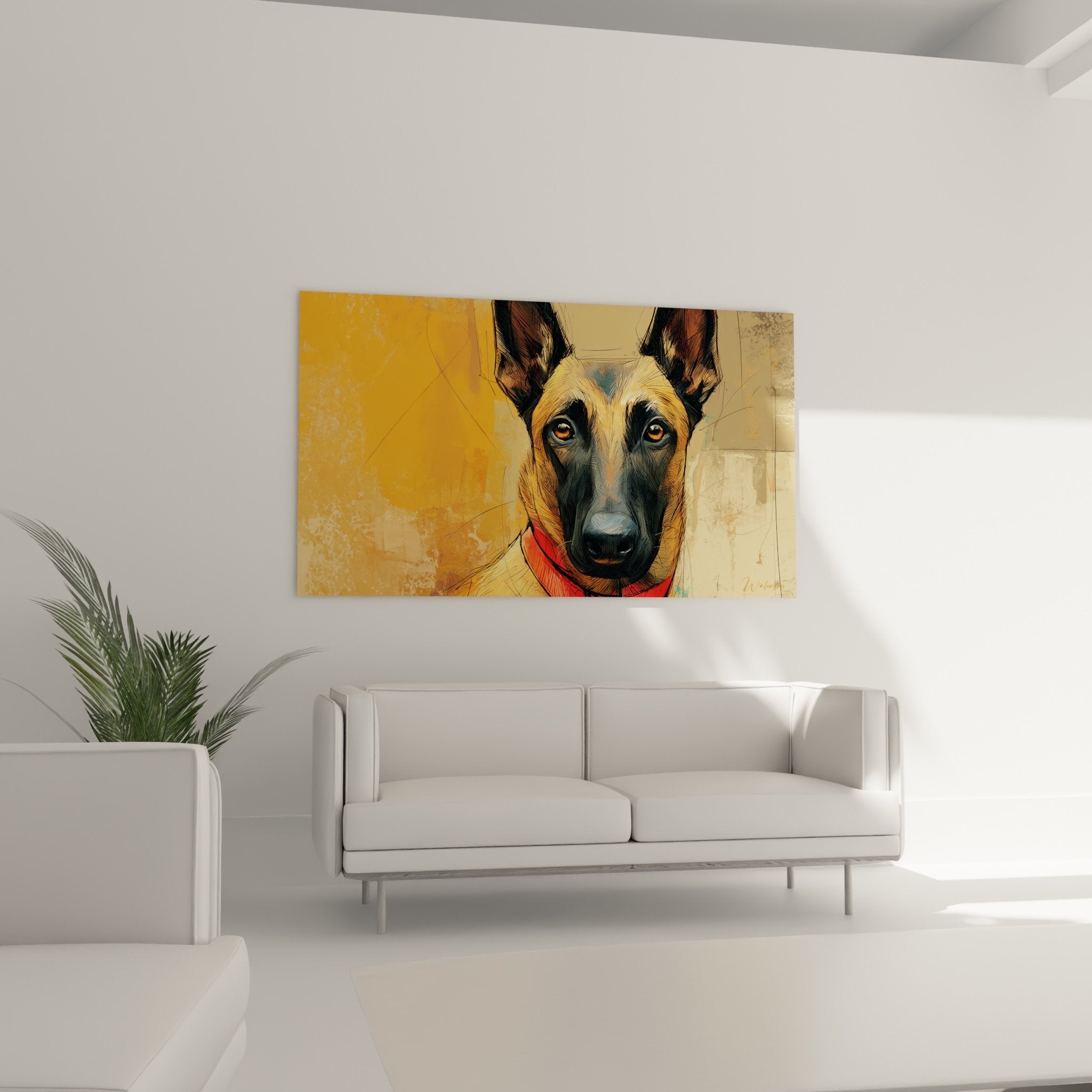 Dettaglio dello sguardo intenso e degli occhi ambrati del Pastore Belga Malinois su tela artistica dorata