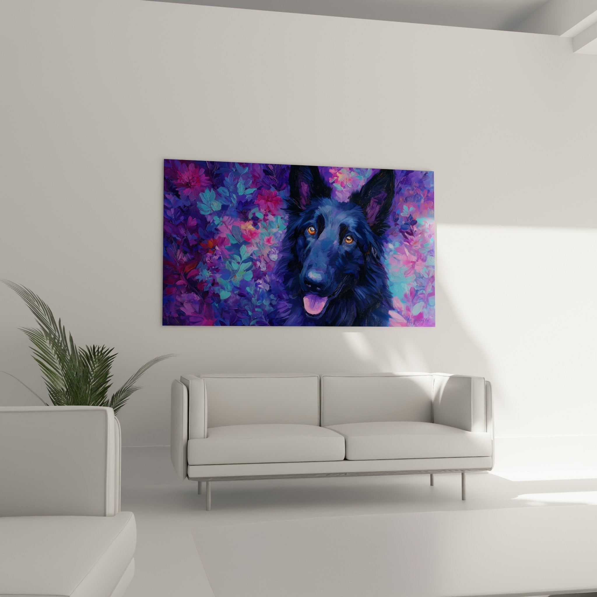 Gros plan yeux ambrés berger hollandais pelage bleu violet détails artistiques texture florale