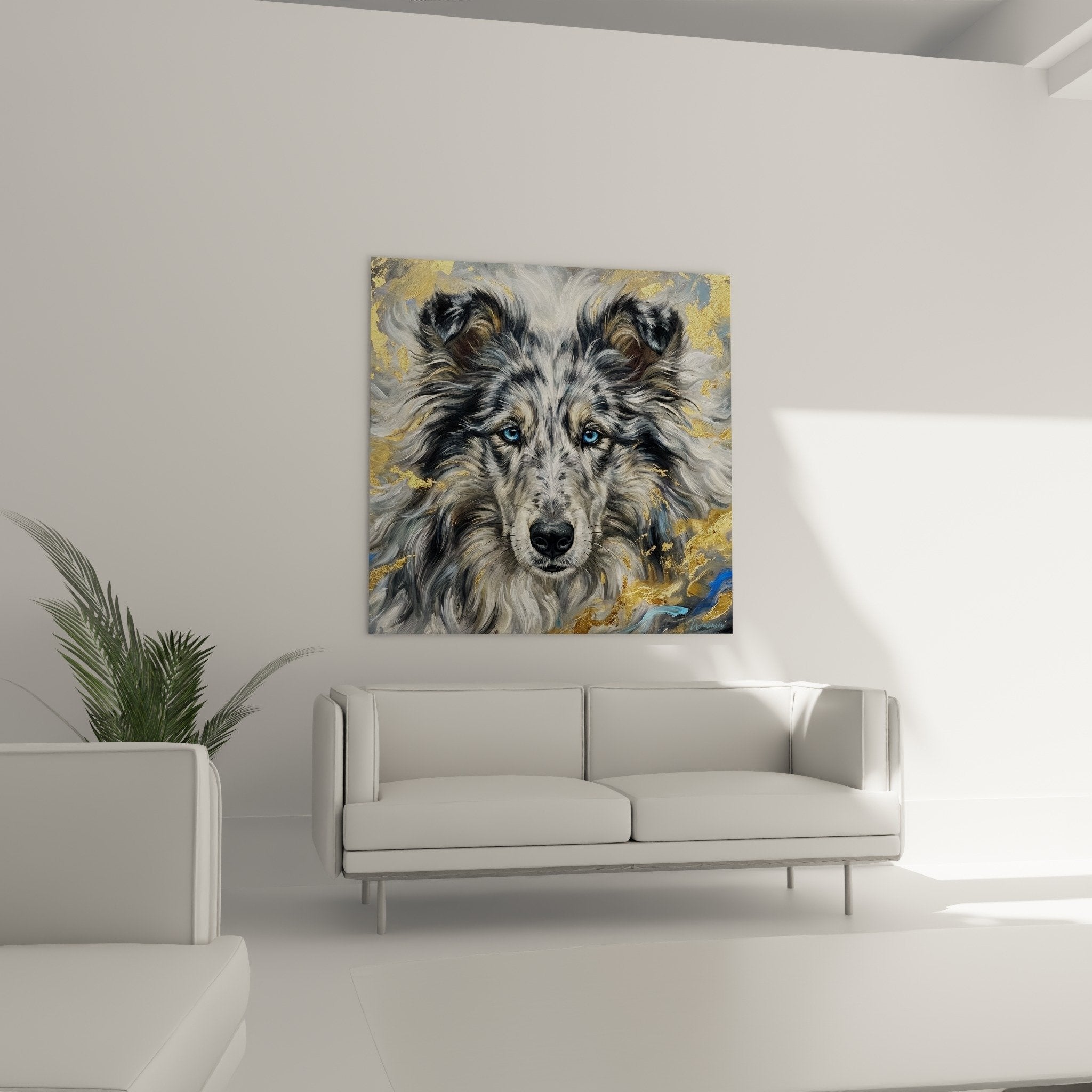 Gros plan sur les yeux bleus perçants du Collie et les détails dorés de la peinture