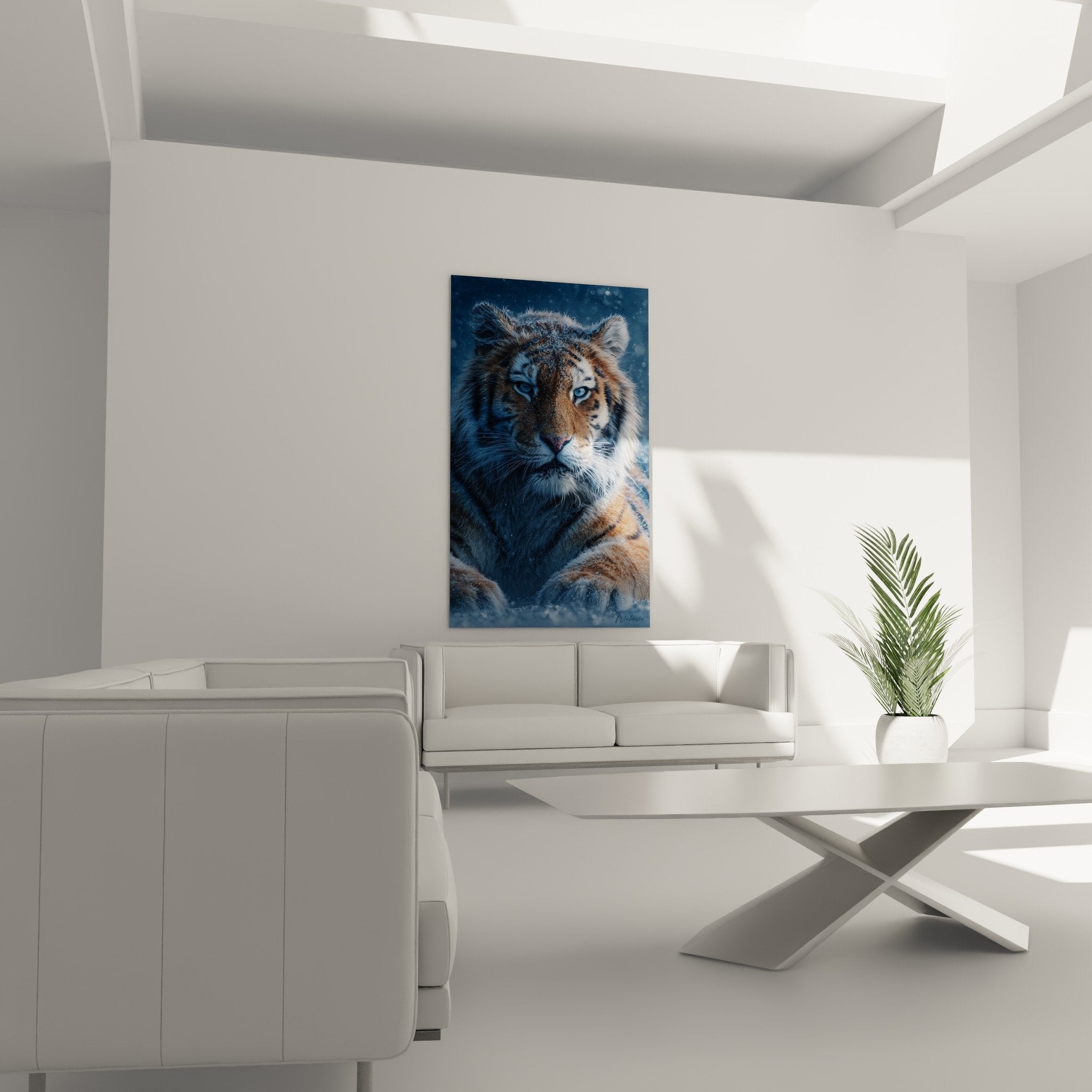 Detail yeux bleus tigre neige flocons pelage fauve rayures noires portrait animal rapproche