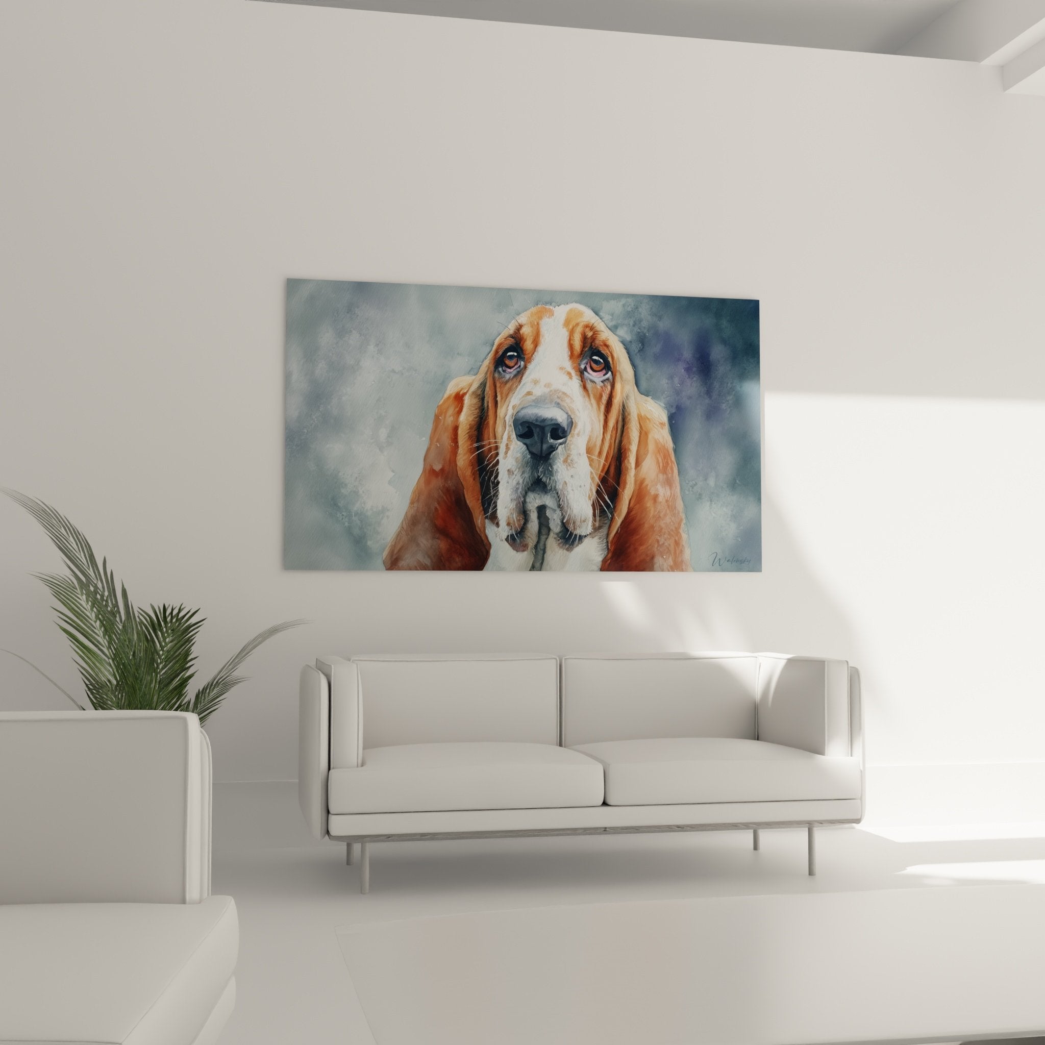 Detail du regard expressif du Bloodhound avec yeux ambres et gouttes de pluie en arriere-plan