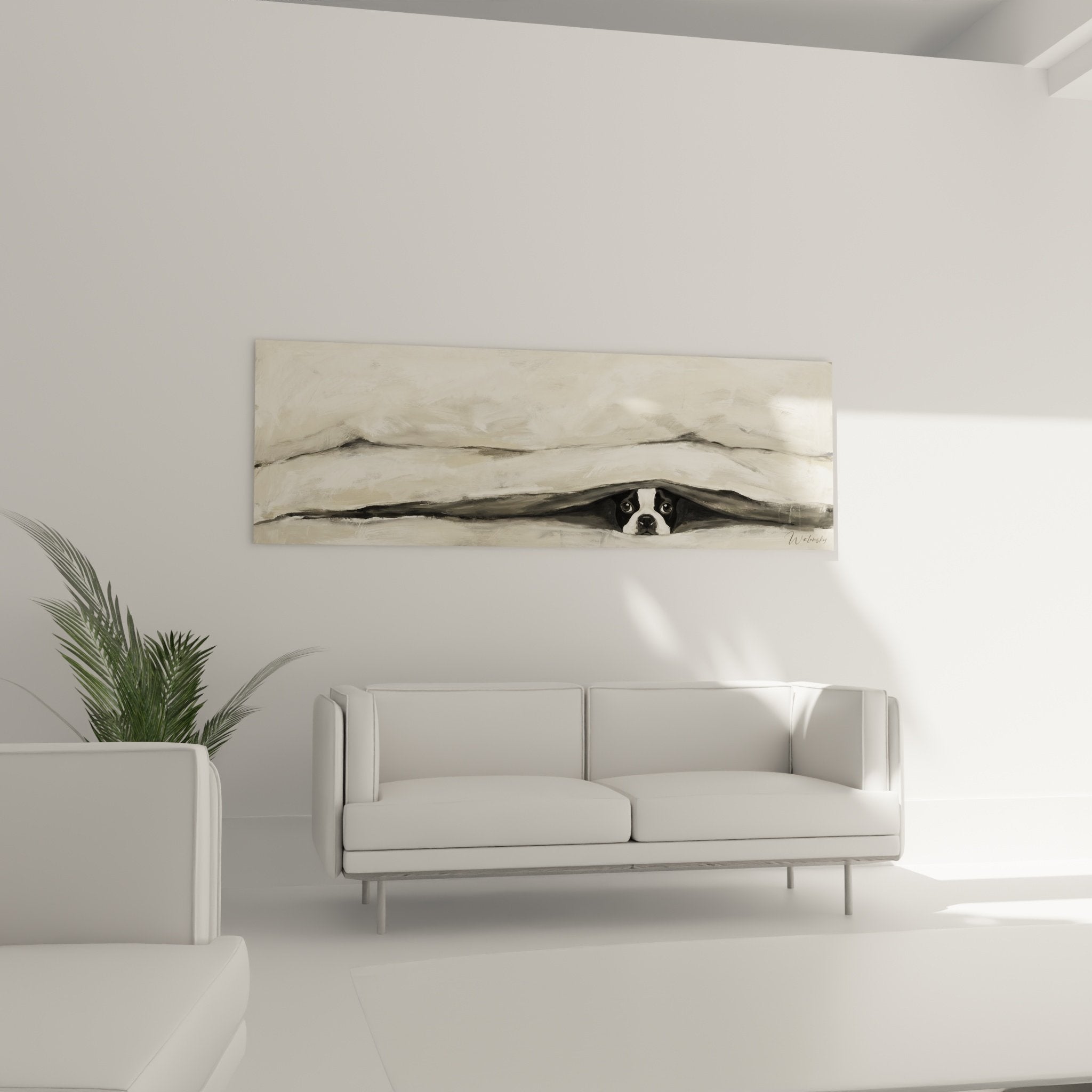 Detail yeux Boston Terrier noir blanc sous tissu beige texture peinture empate art canin