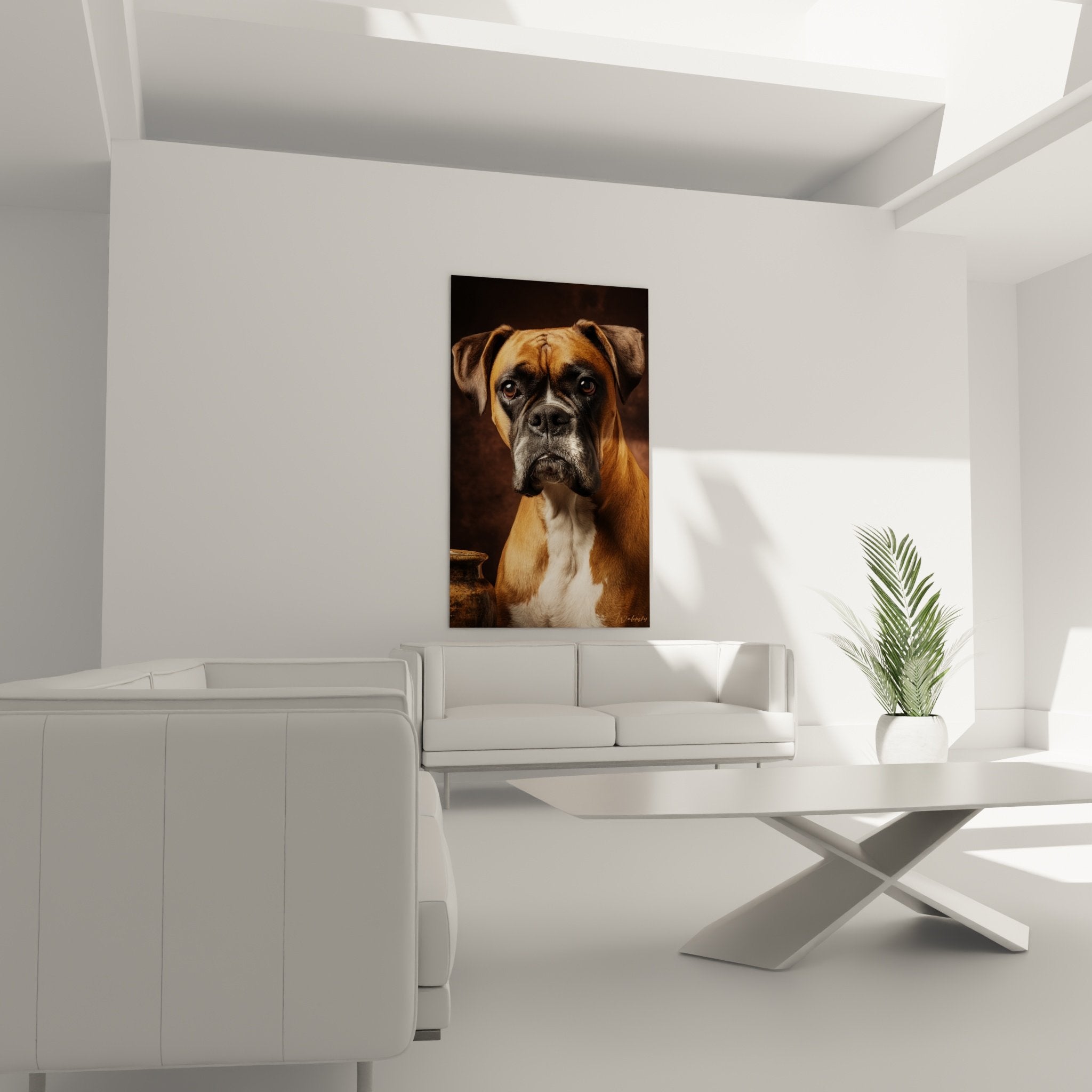 Detail of the intense gaze and facial markings of the Boxer in this realistic artistic portrait