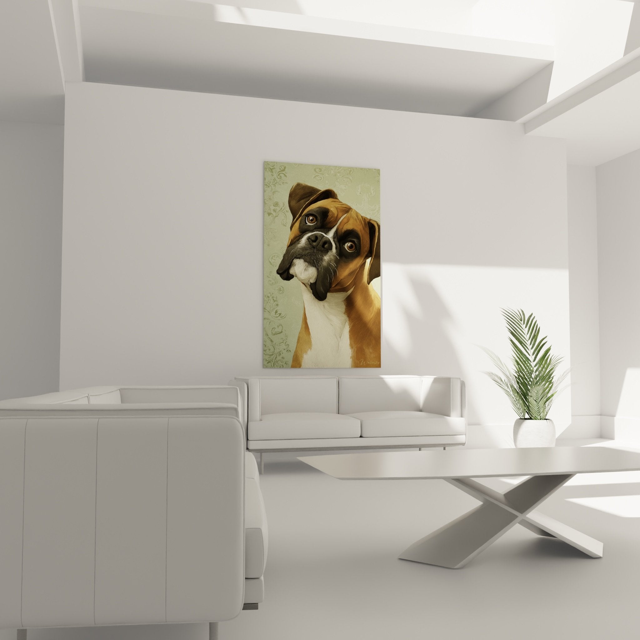 Dettaglio dello sguardo profondo e malinconico del Boxer con riflessi ambrati negli occhi